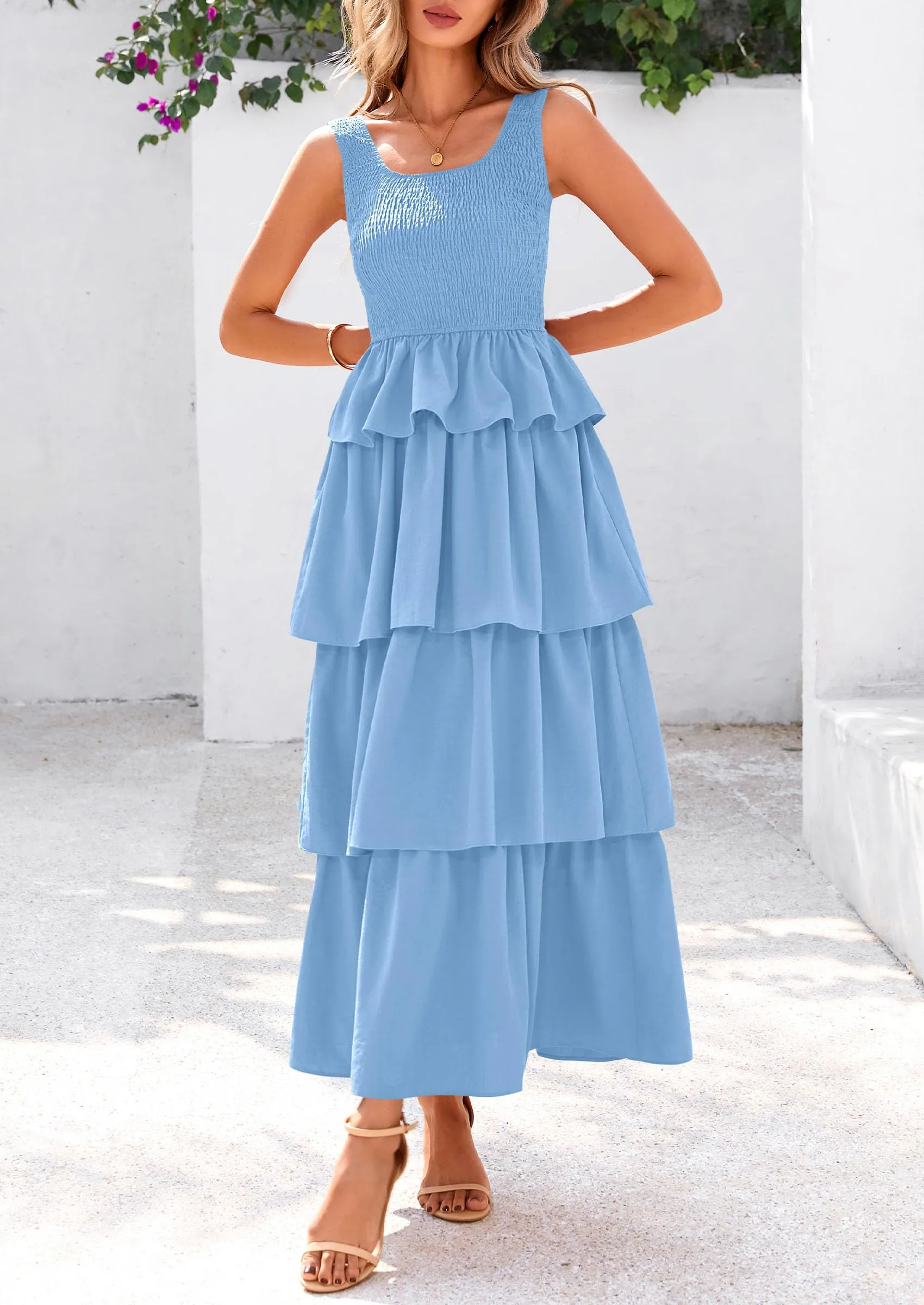 Sleeveless Scoop Neck Smocked A Line Tiered Beach Midi Dress