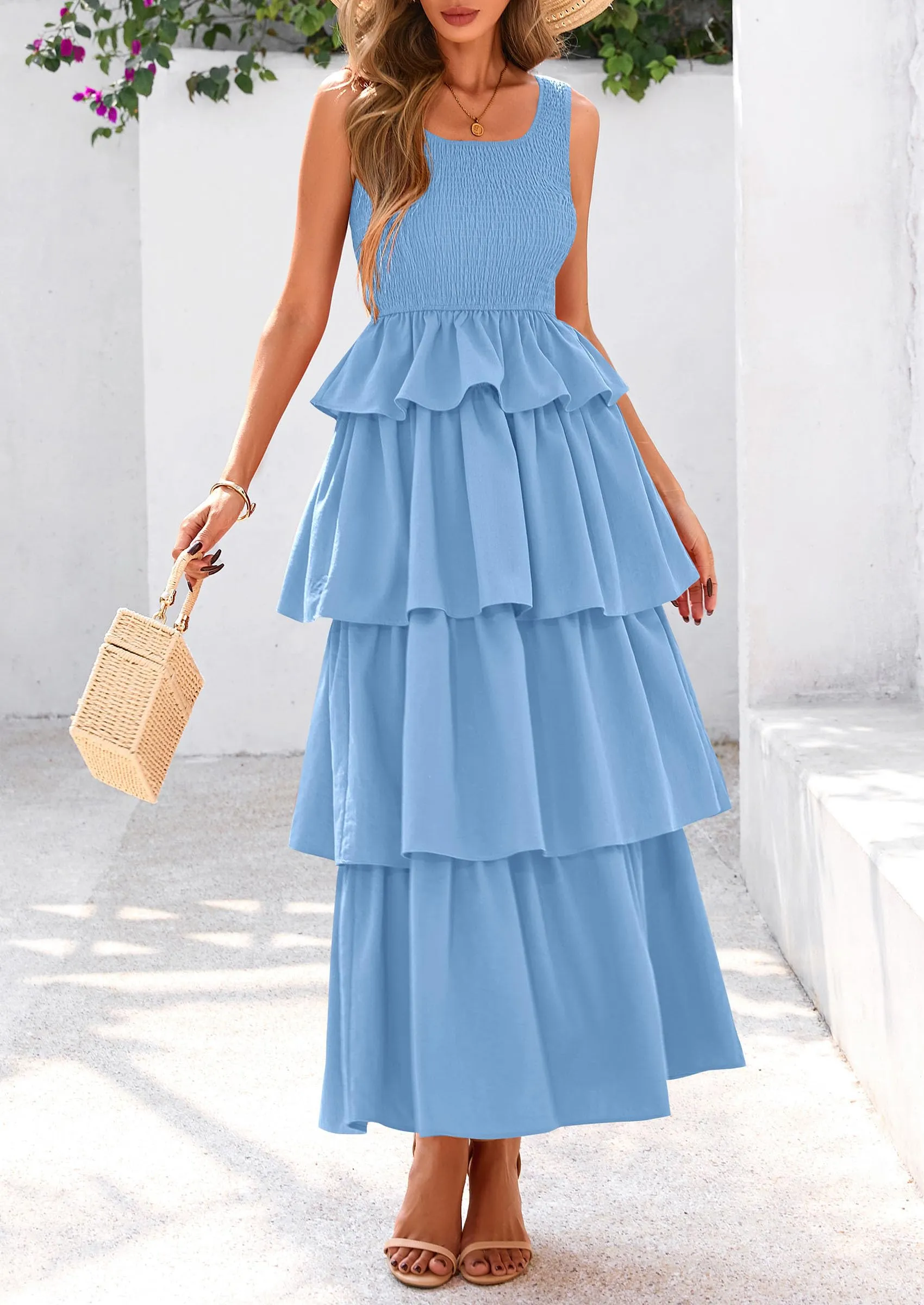 Sleeveless Scoop Neck Smocked A Line Tiered Beach Midi Dress