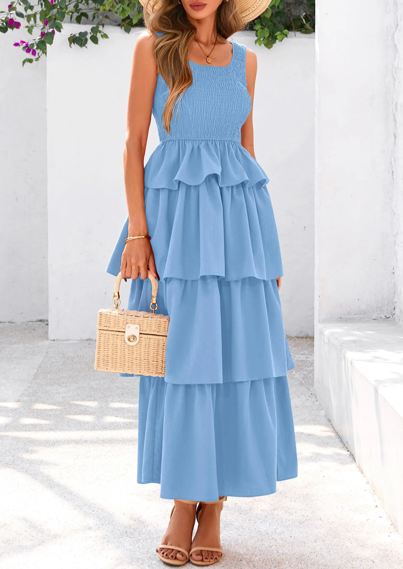 Sleeveless Scoop Neck Smocked A Line Tiered Beach Midi Dress
