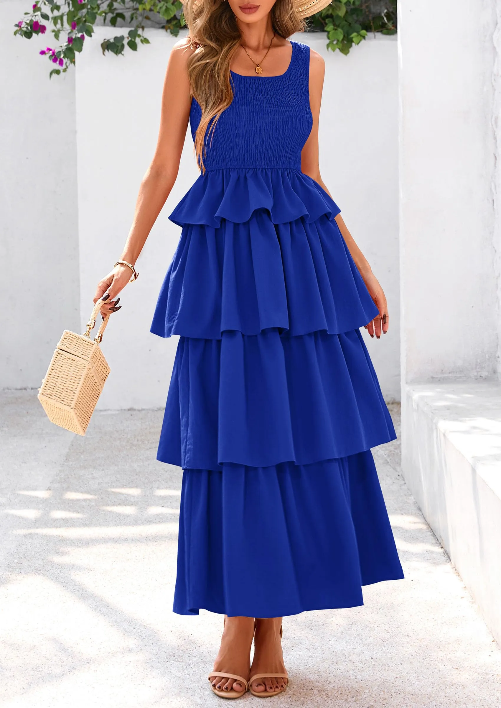 Sleeveless Scoop Neck Smocked A Line Tiered Beach Midi Dress
