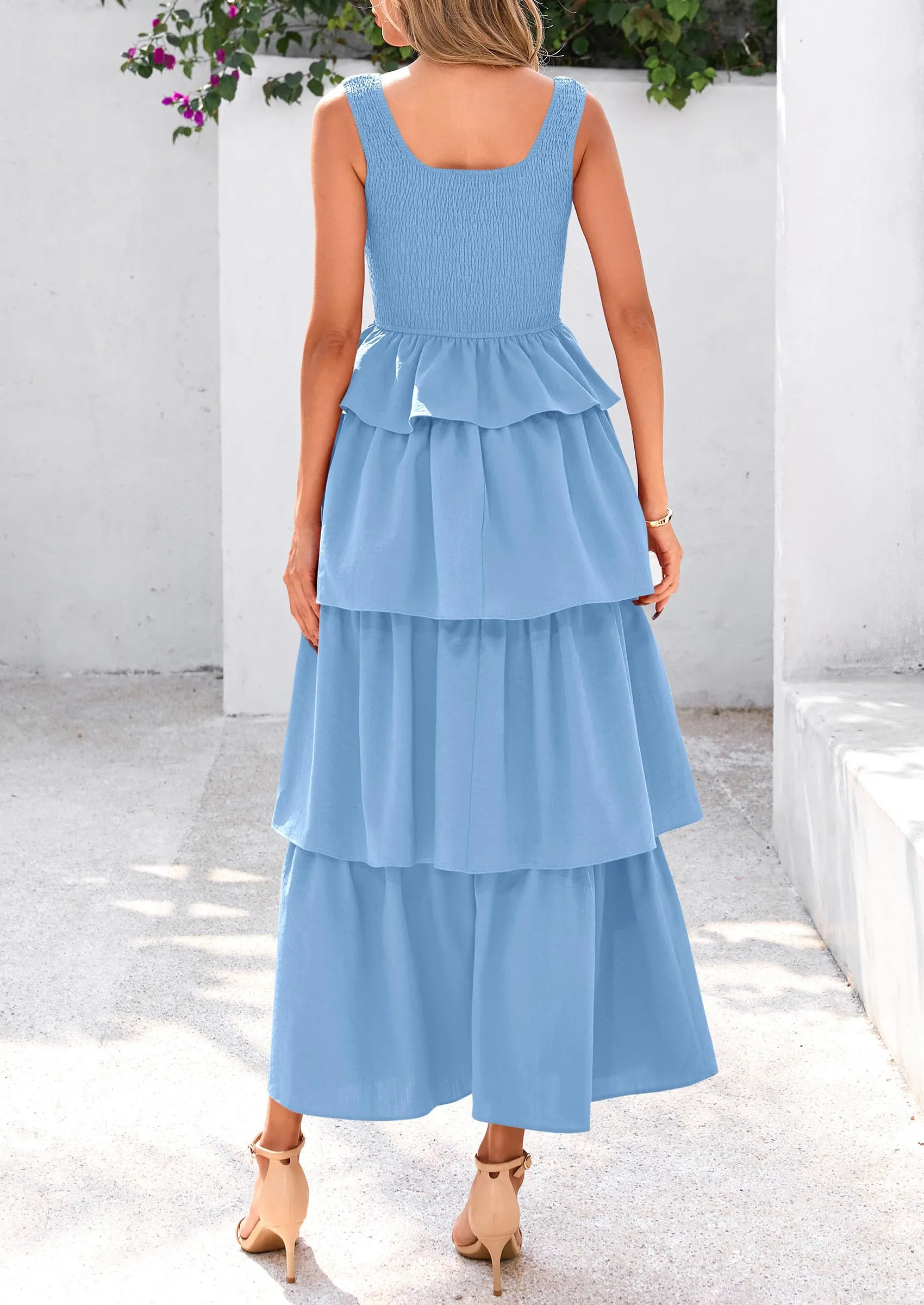 Sleeveless Scoop Neck Smocked A Line Tiered Beach Midi Dress