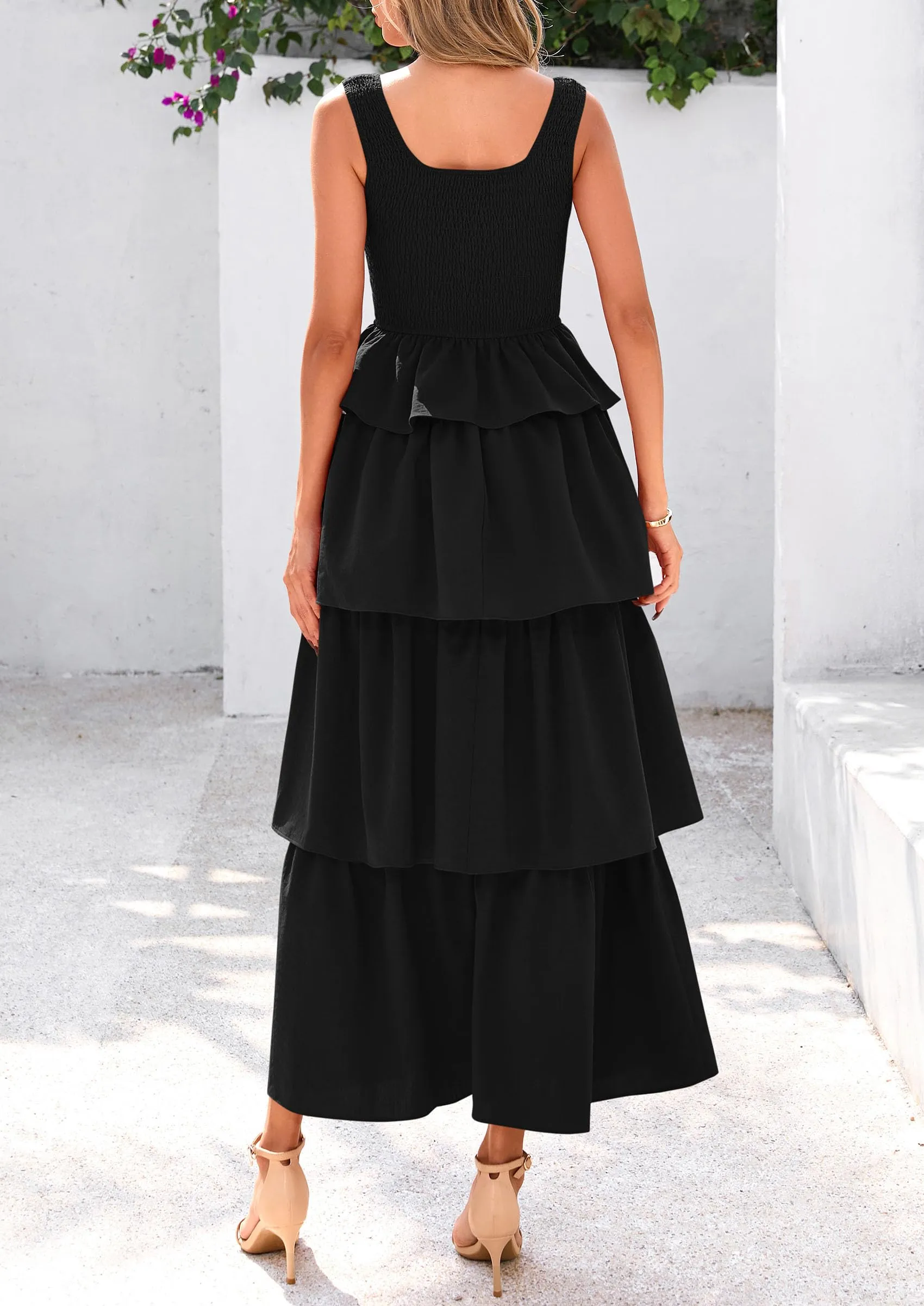 Sleeveless Scoop Neck Smocked A Line Tiered Beach Midi Dress