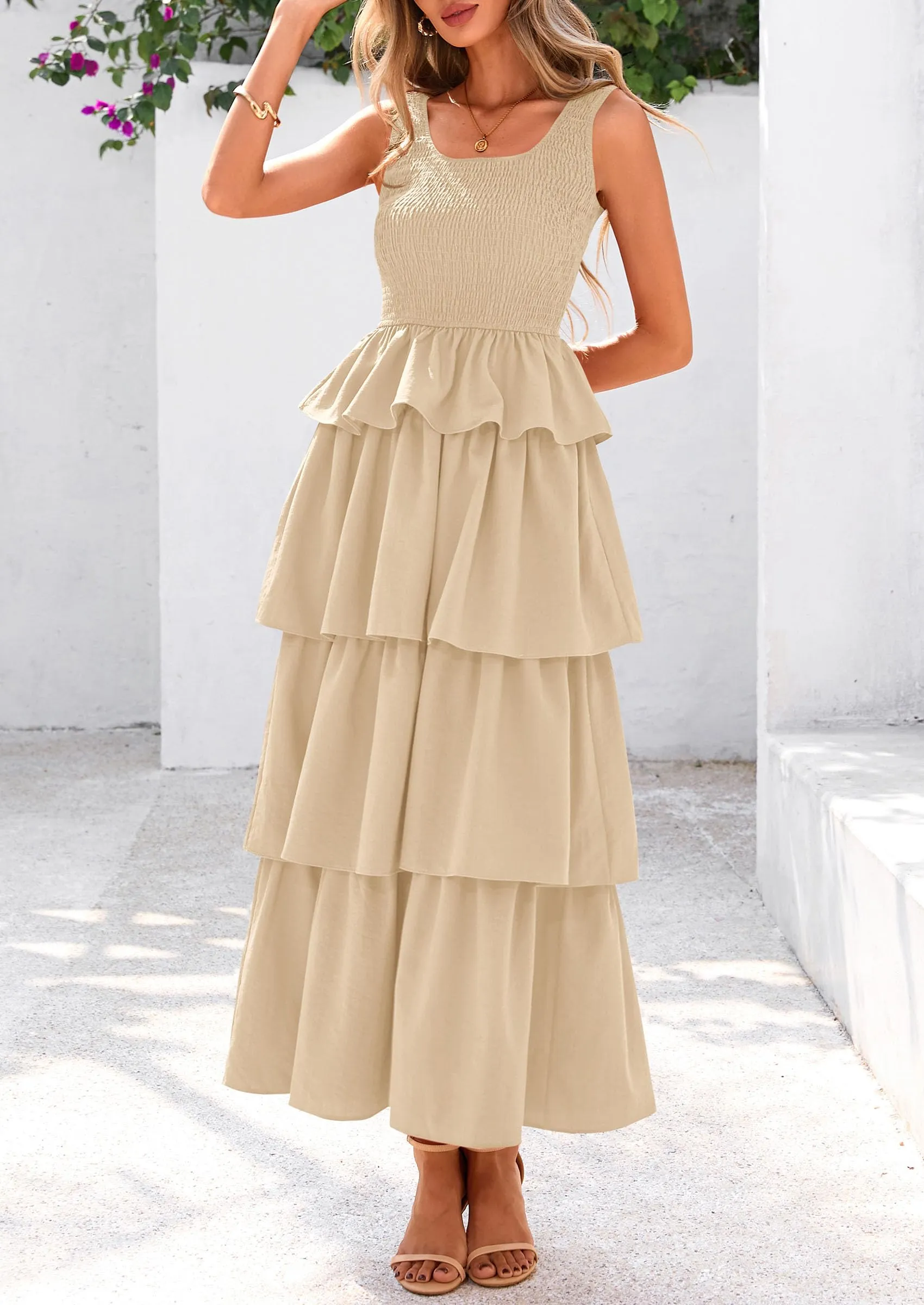 Sleeveless Scoop Neck Smocked A Line Tiered Beach Midi Dress