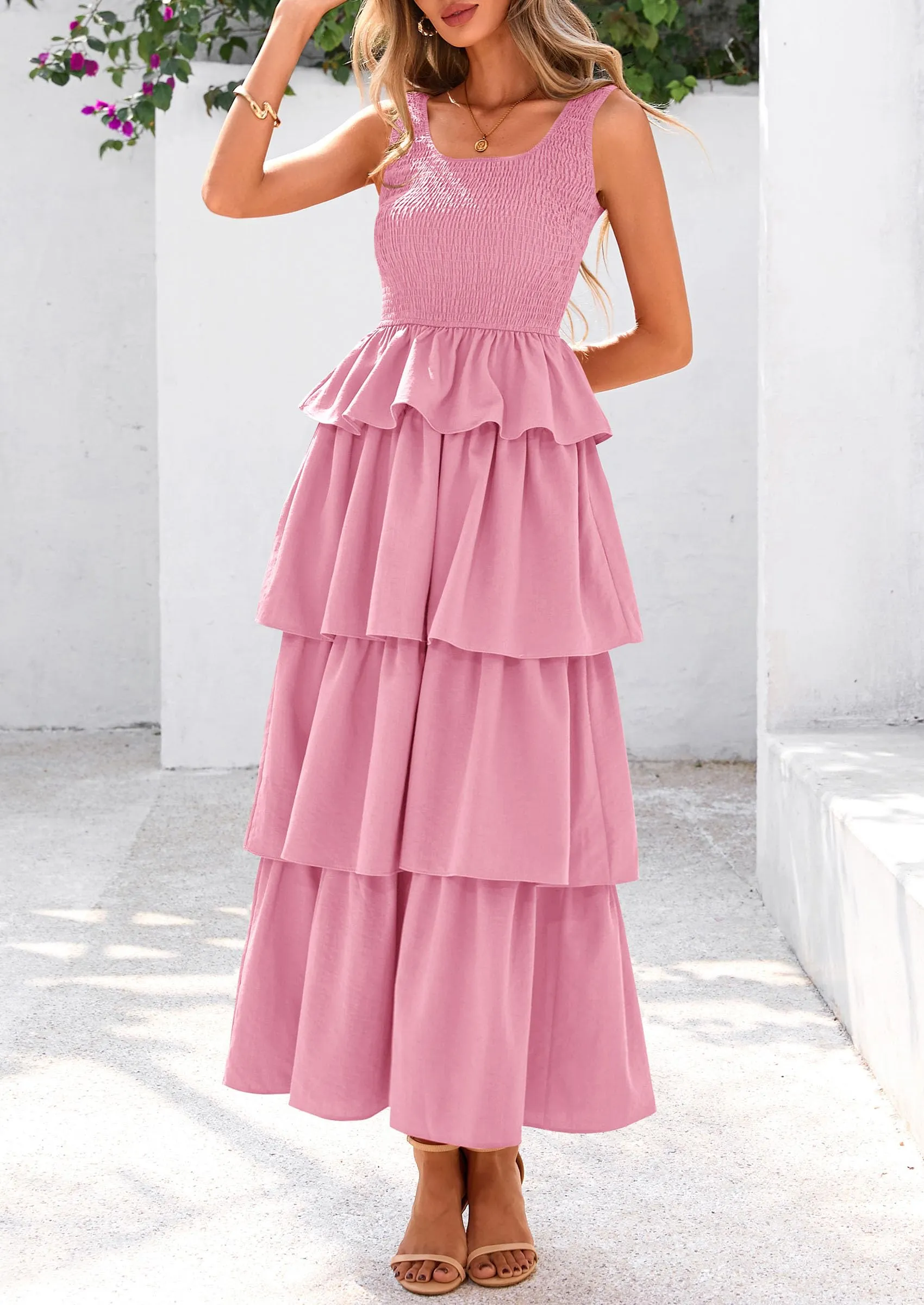 Sleeveless Scoop Neck Smocked A Line Tiered Beach Midi Dress