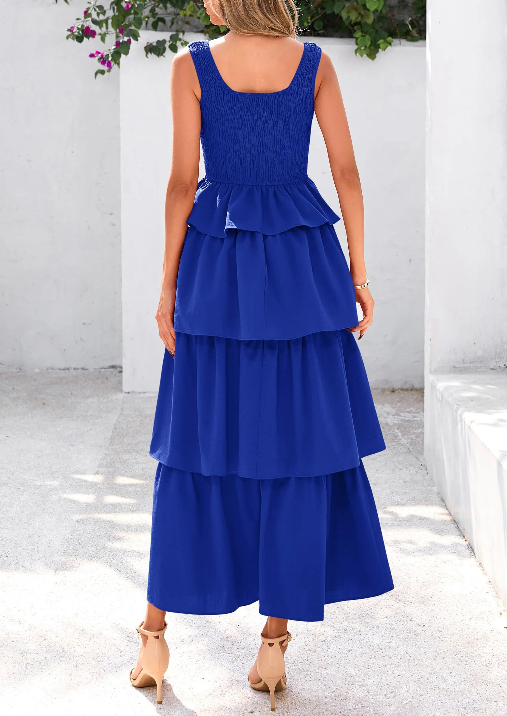 Sleeveless Scoop Neck Smocked A Line Tiered Beach Midi Dress