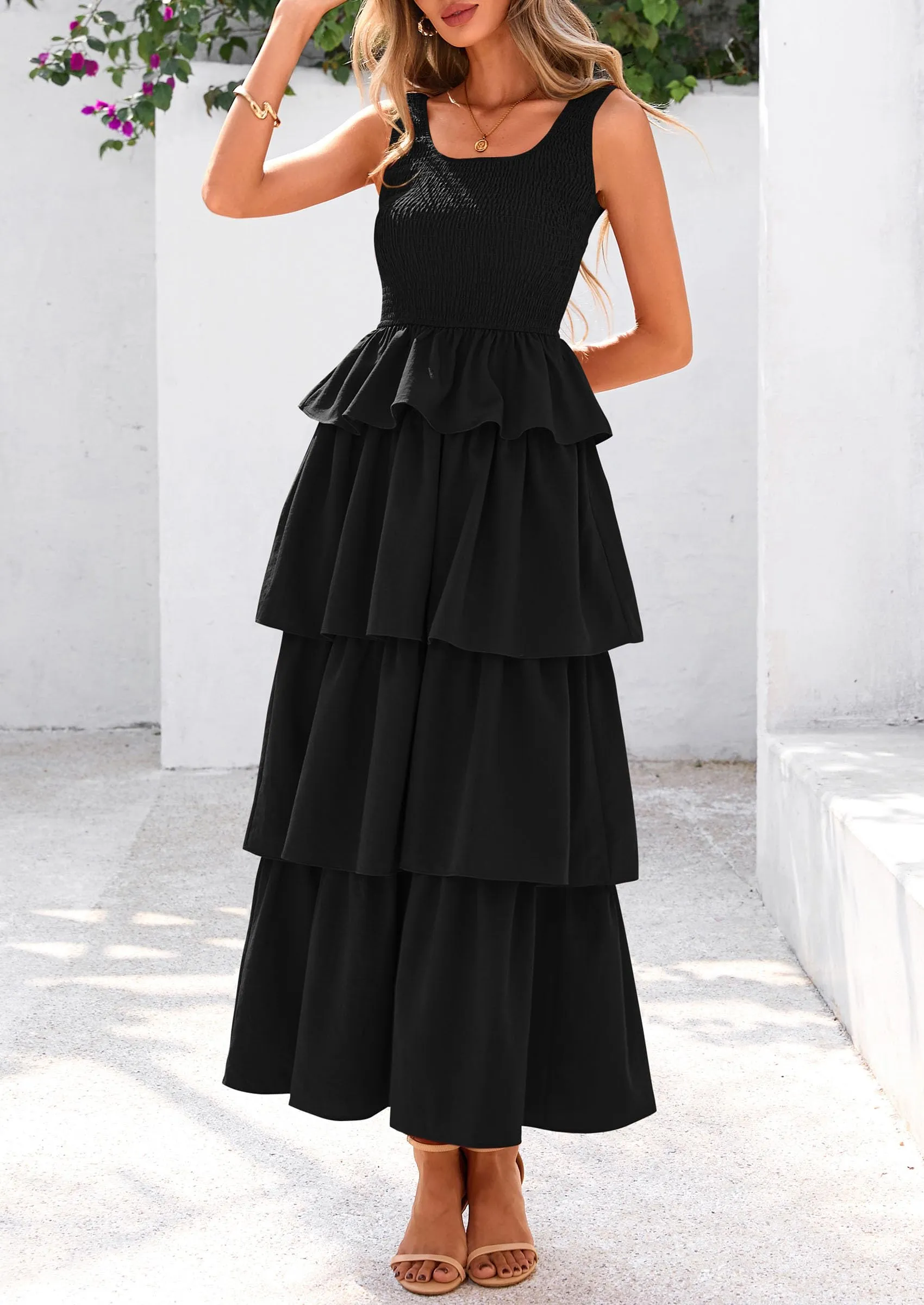 Sleeveless Scoop Neck Smocked A Line Tiered Beach Midi Dress