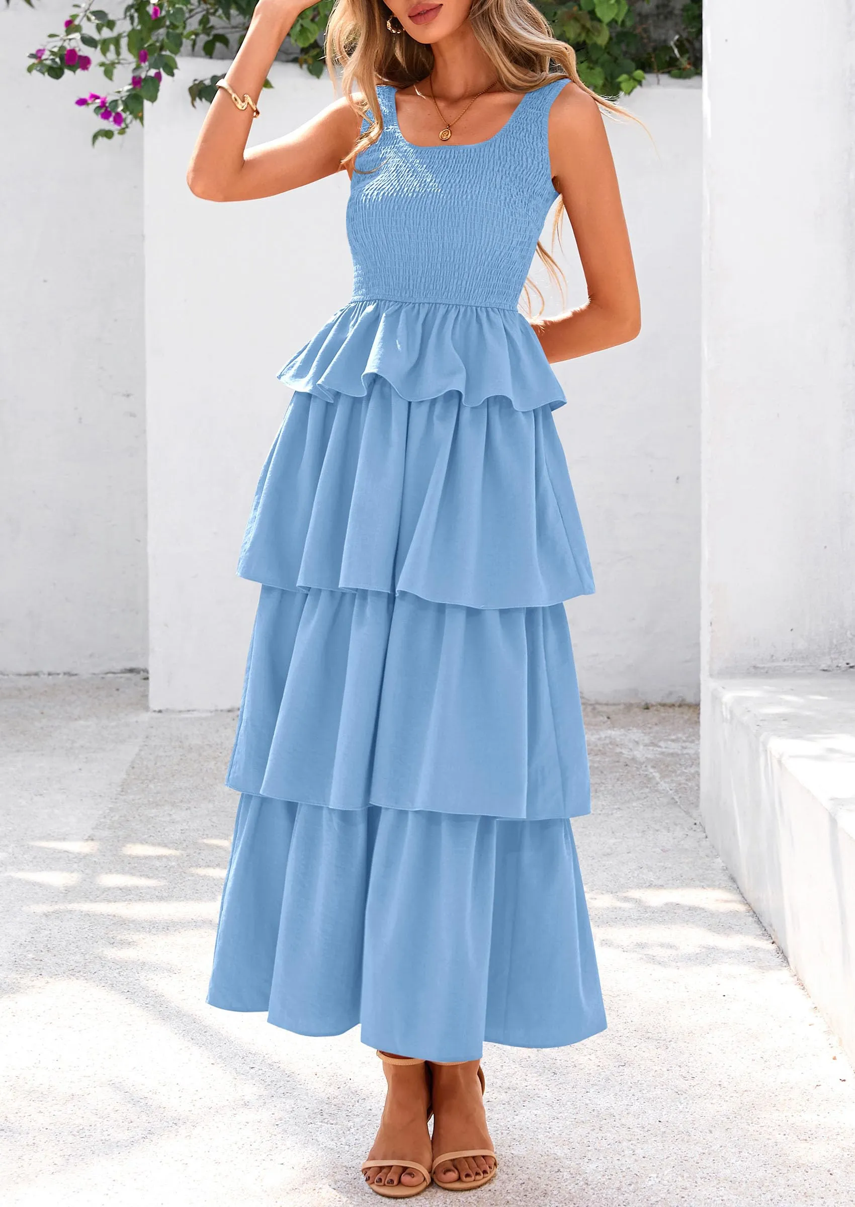 Sleeveless Scoop Neck Smocked A Line Tiered Beach Midi Dress
