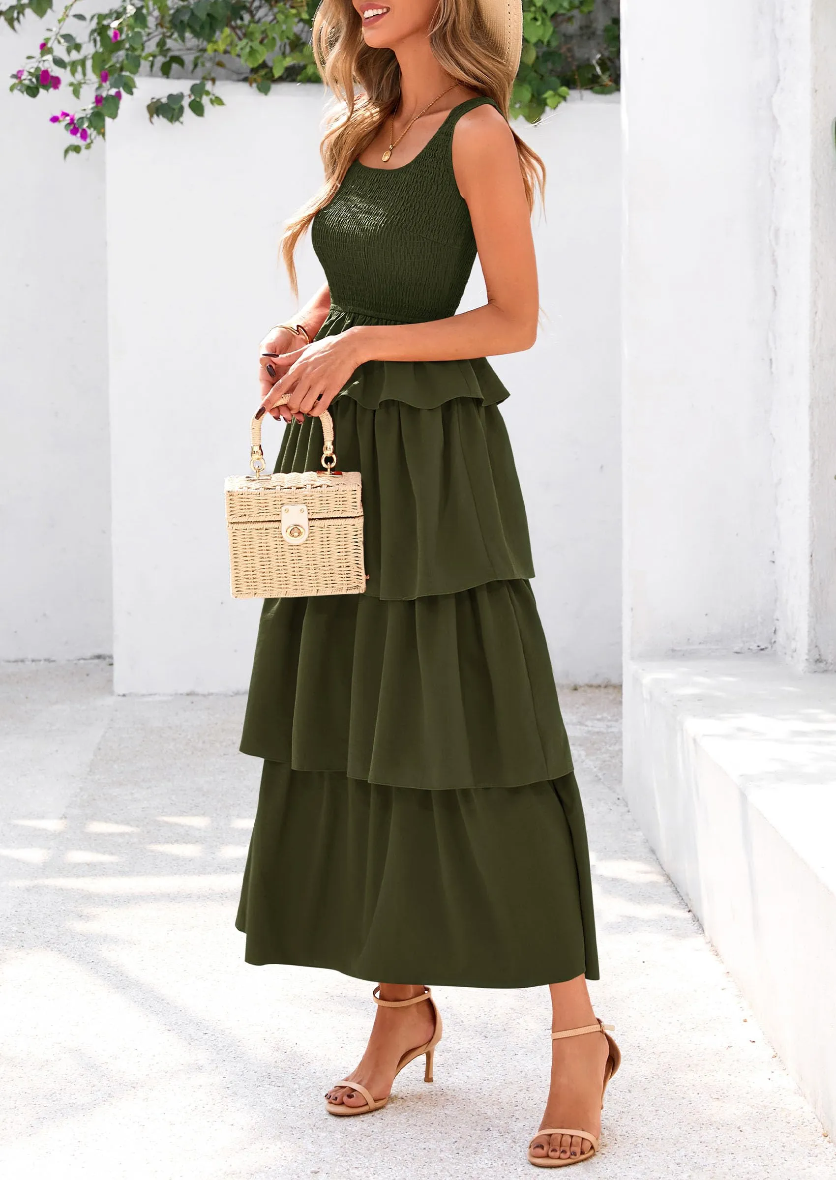 Sleeveless Scoop Neck Smocked A Line Tiered Beach Midi Dress