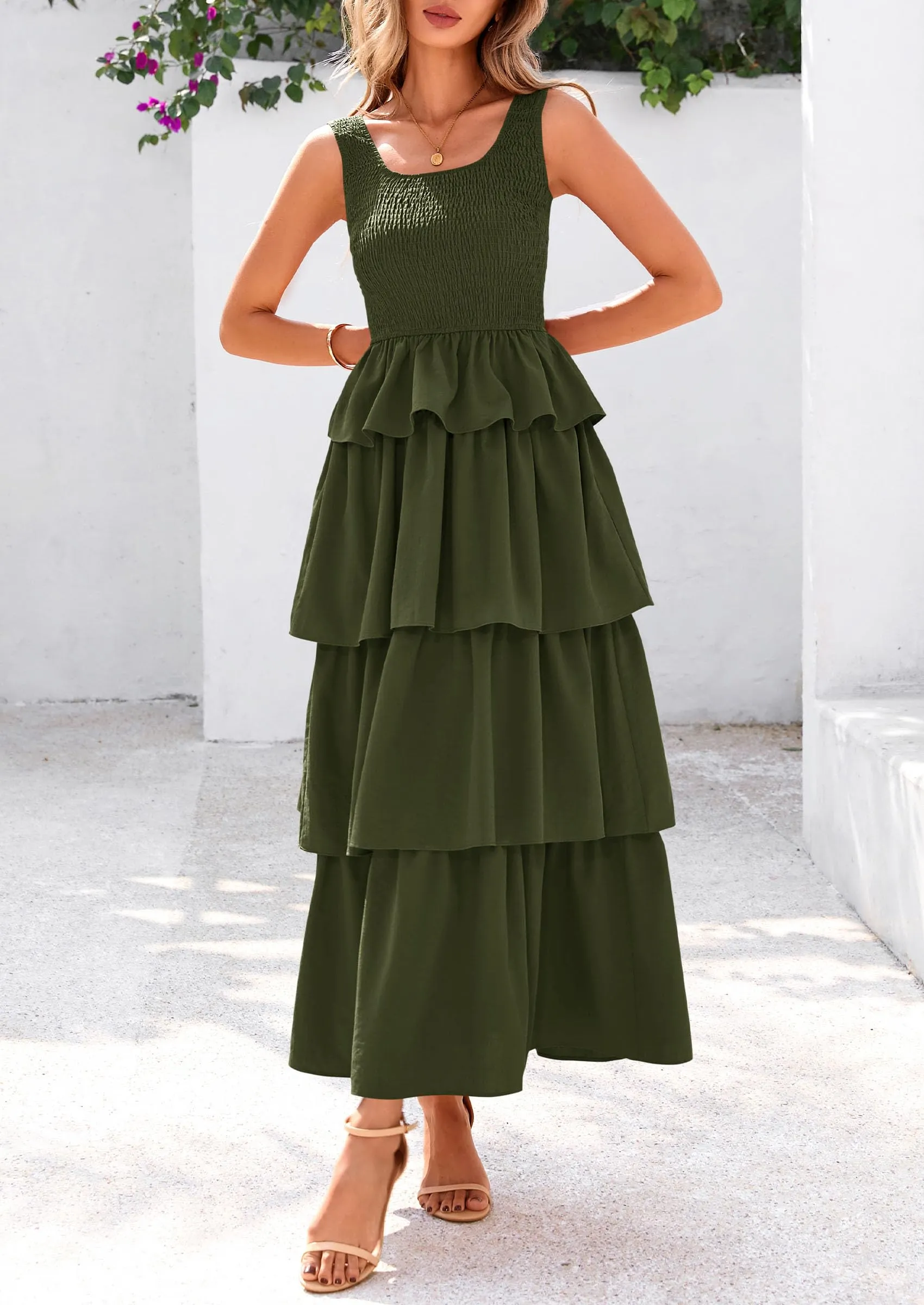 Sleeveless Scoop Neck Smocked A Line Tiered Beach Midi Dress