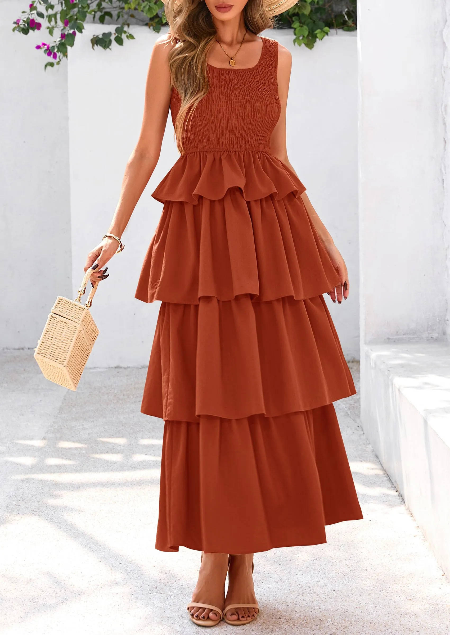 Sleeveless Scoop Neck Smocked A Line Tiered Beach Midi Dress
