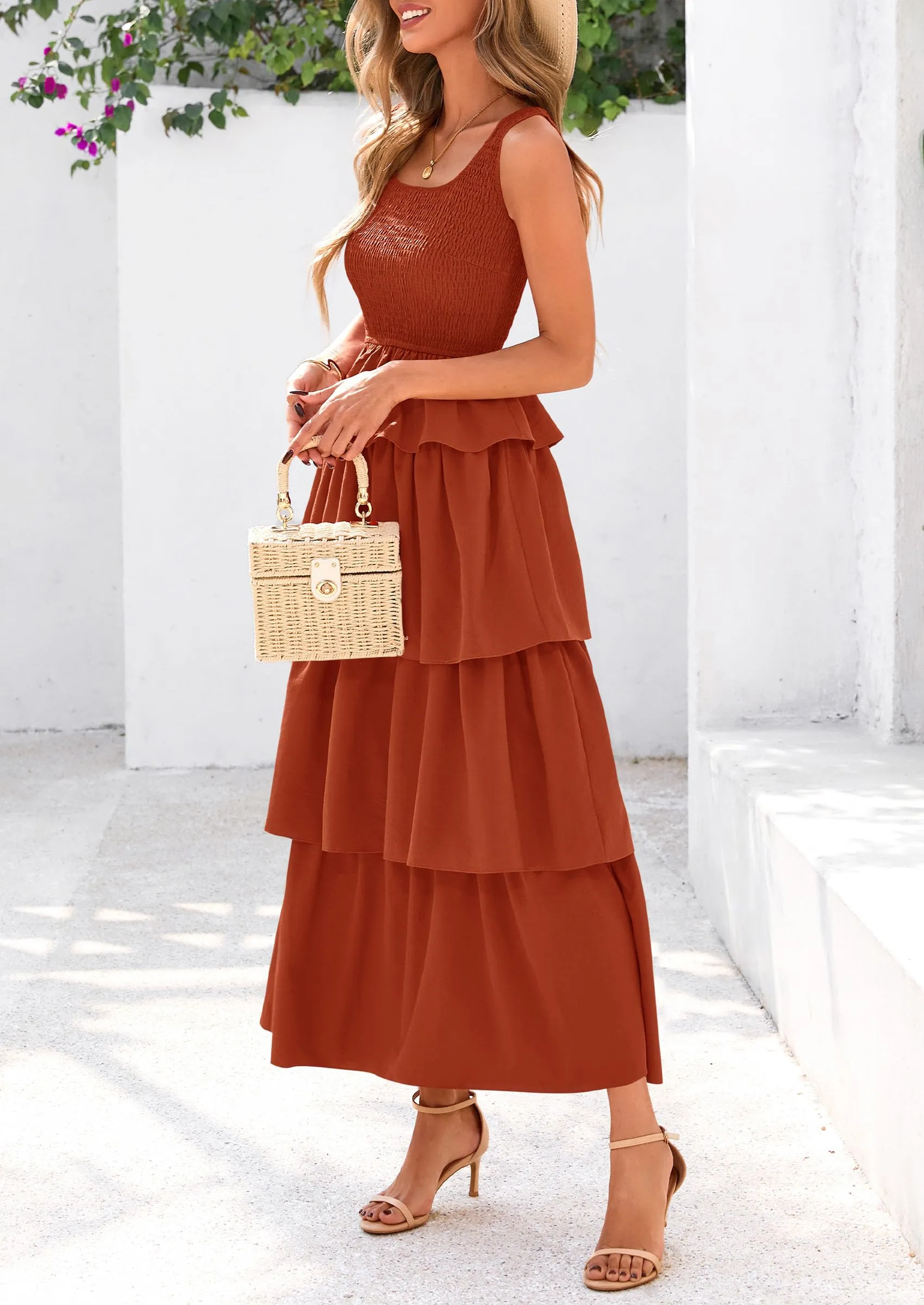 Sleeveless Scoop Neck Smocked A Line Tiered Beach Midi Dress