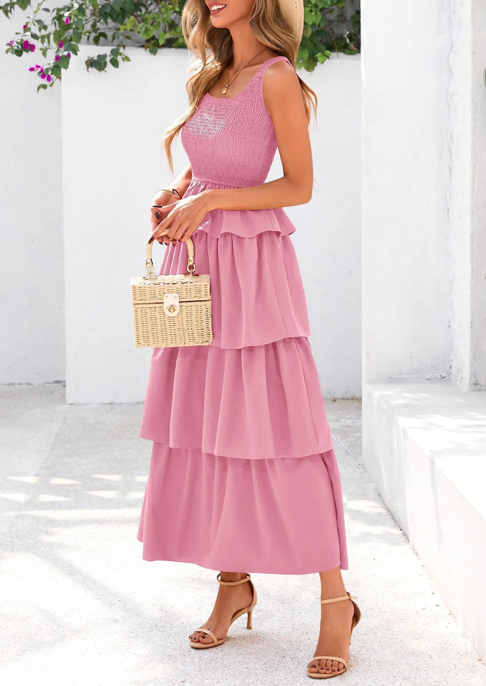 Sleeveless Scoop Neck Smocked A Line Tiered Beach Midi Dress
