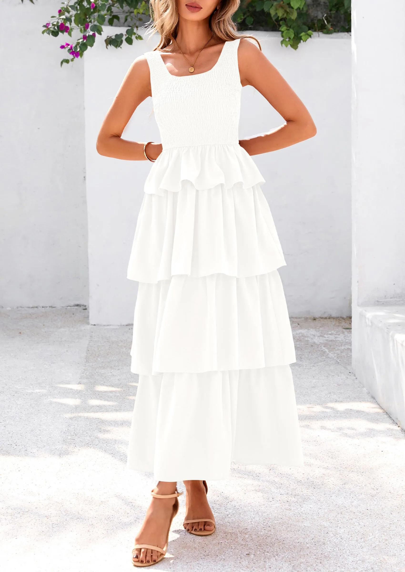 Sleeveless Scoop Neck Smocked A Line Tiered Beach Midi Dress