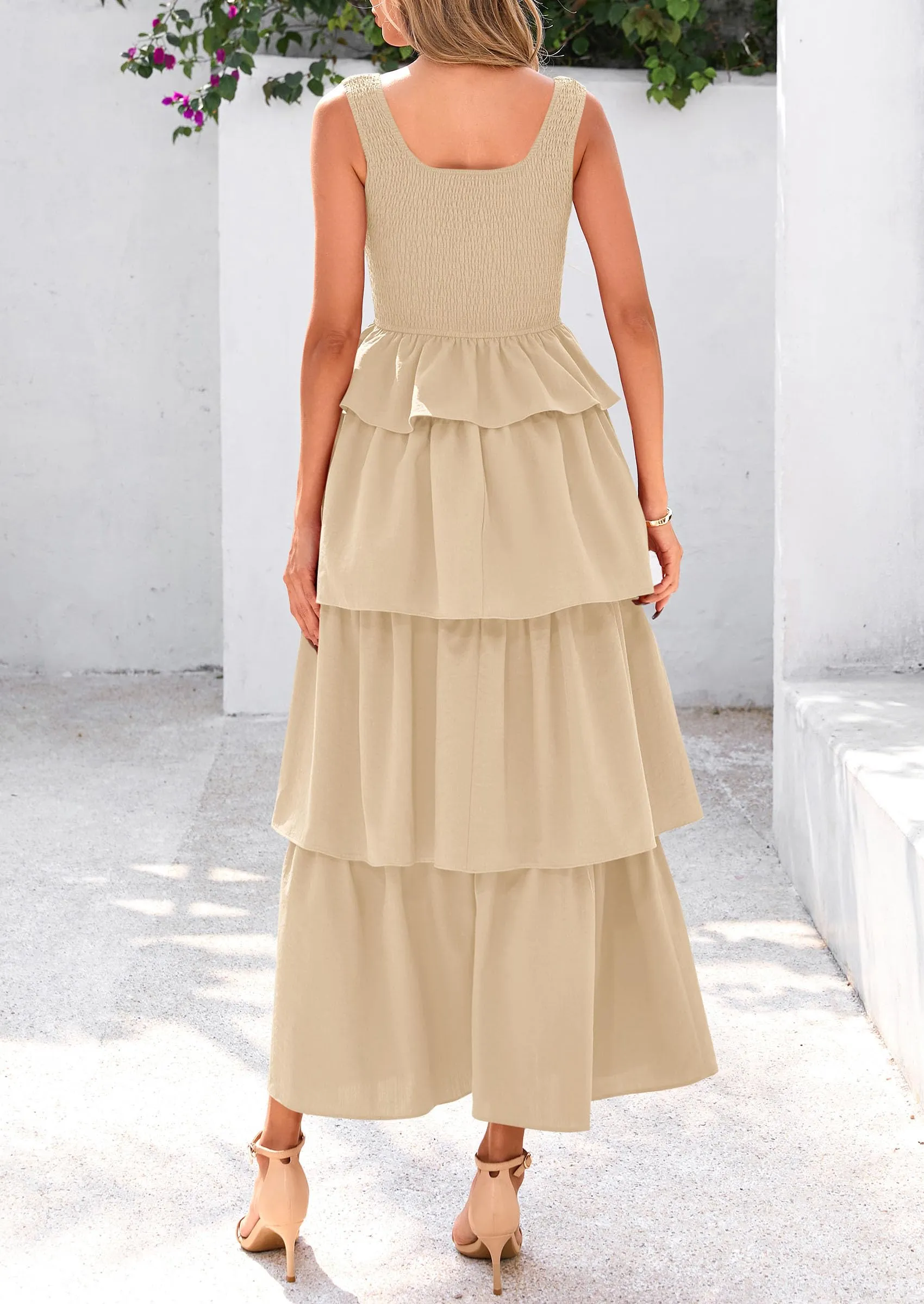 Sleeveless Scoop Neck Smocked A Line Tiered Beach Midi Dress