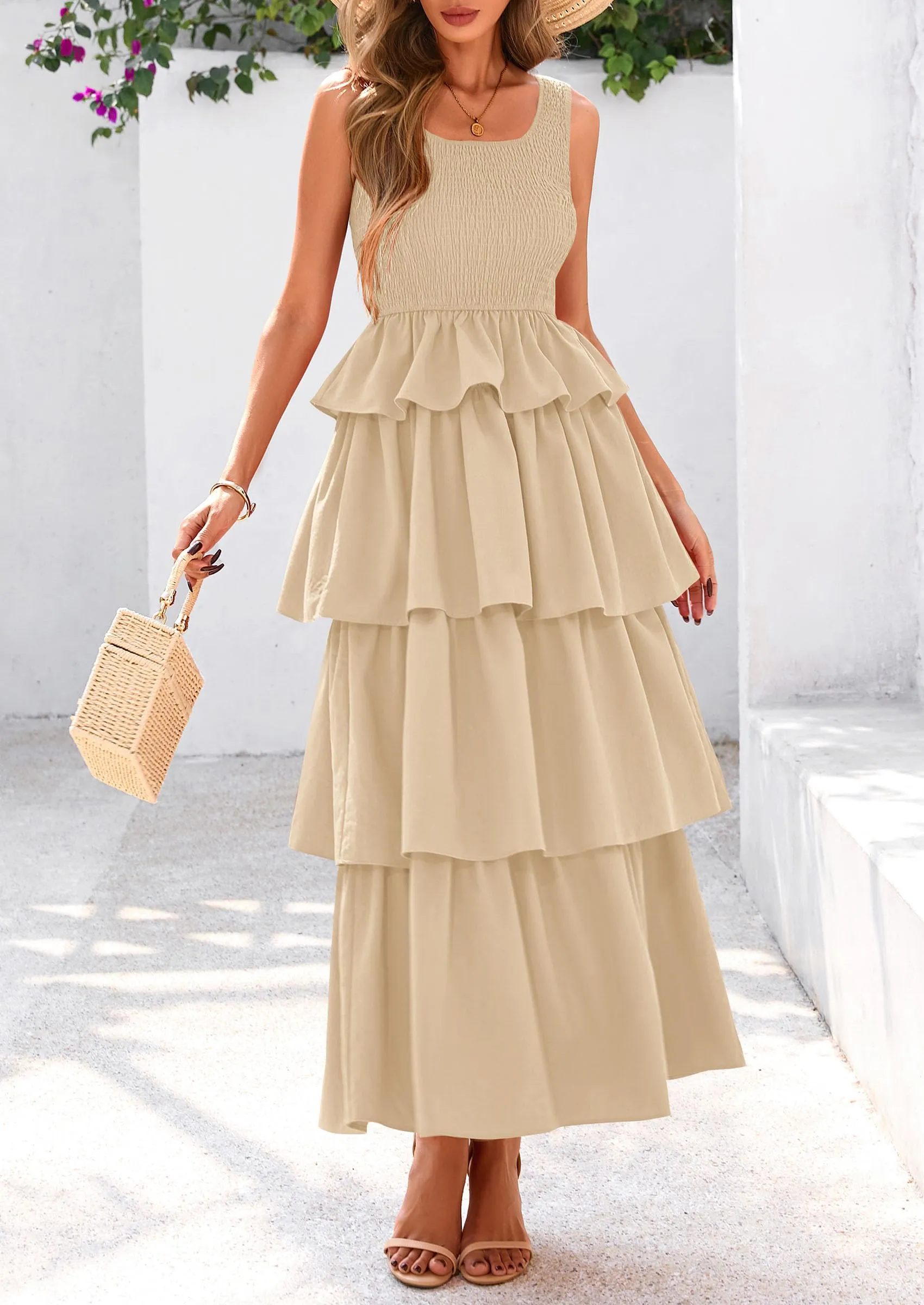 Sleeveless Scoop Neck Smocked A Line Tiered Beach Midi Dress