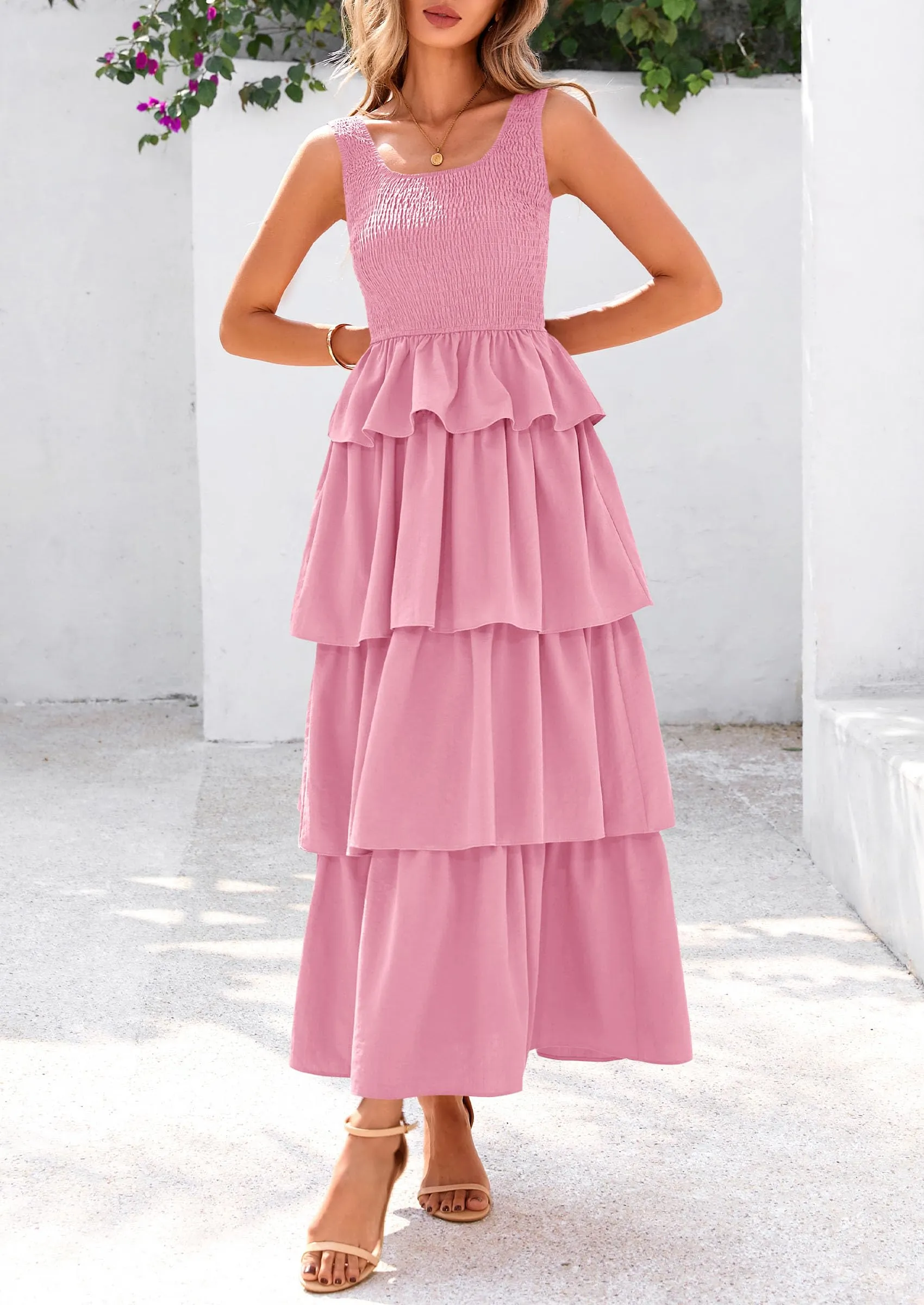 Sleeveless Scoop Neck Smocked A Line Tiered Beach Midi Dress
