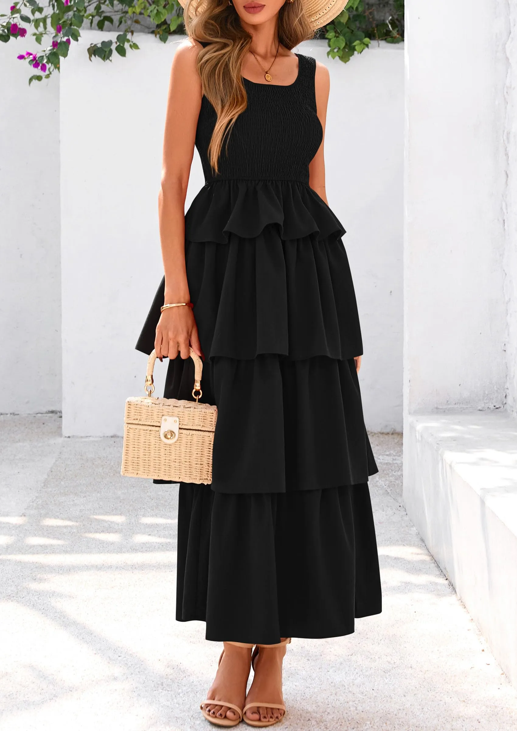 Sleeveless Scoop Neck Smocked A Line Tiered Beach Midi Dress