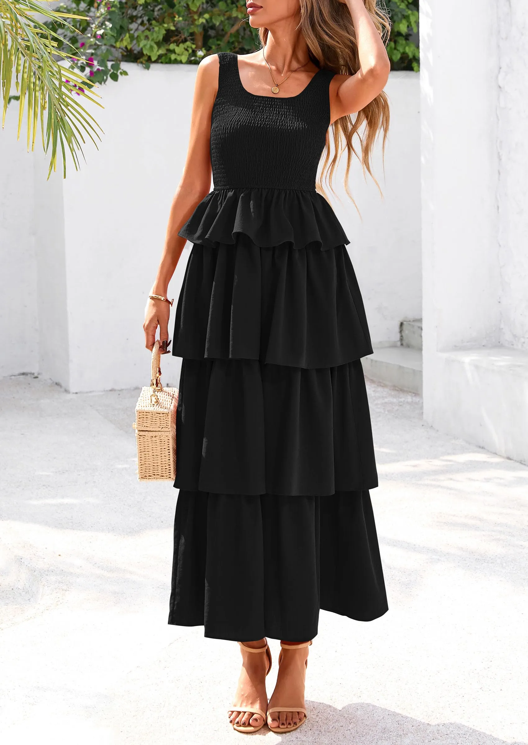 Sleeveless Scoop Neck Smocked A Line Tiered Beach Midi Dress