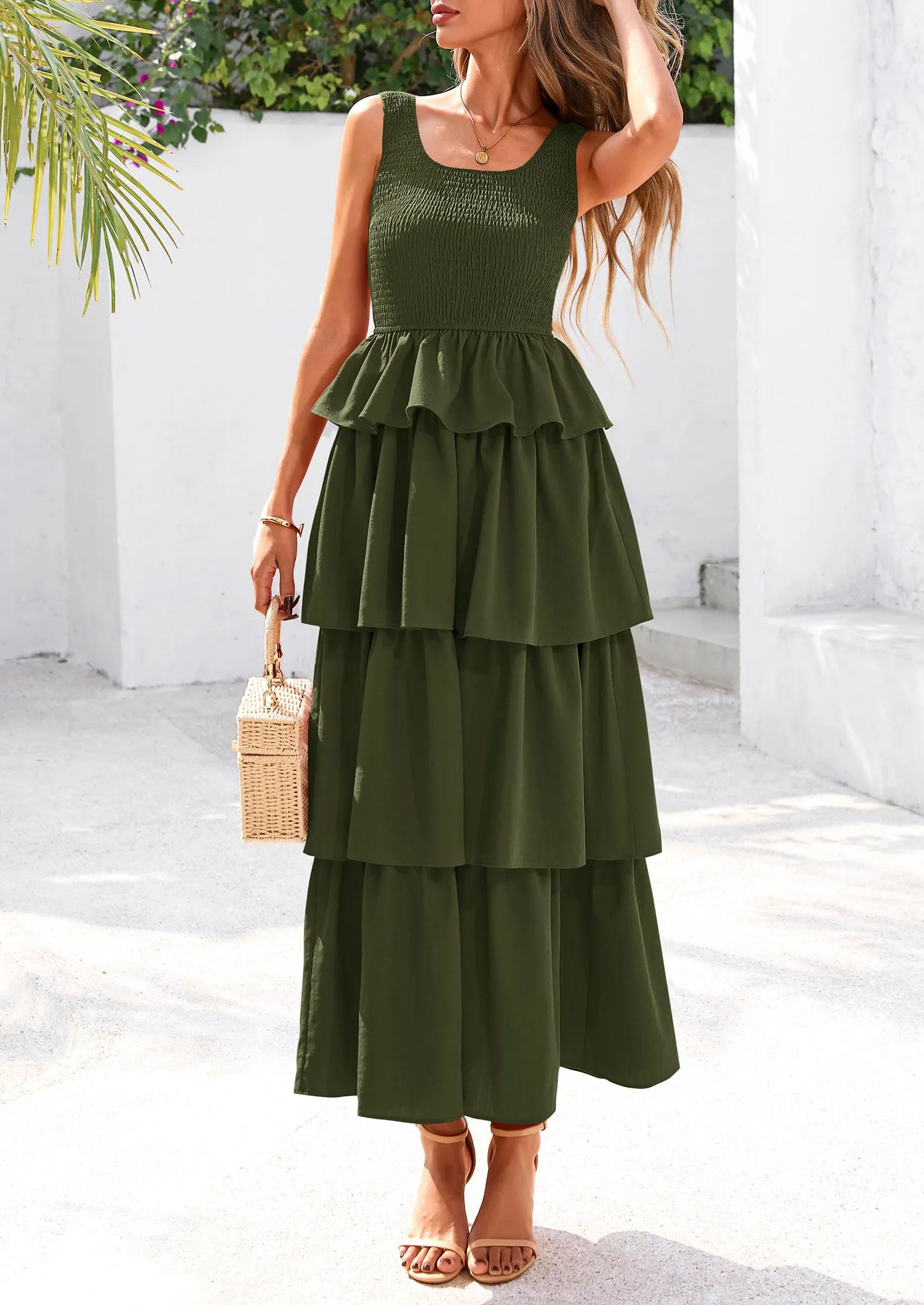 Sleeveless Scoop Neck Smocked A Line Tiered Beach Midi Dress