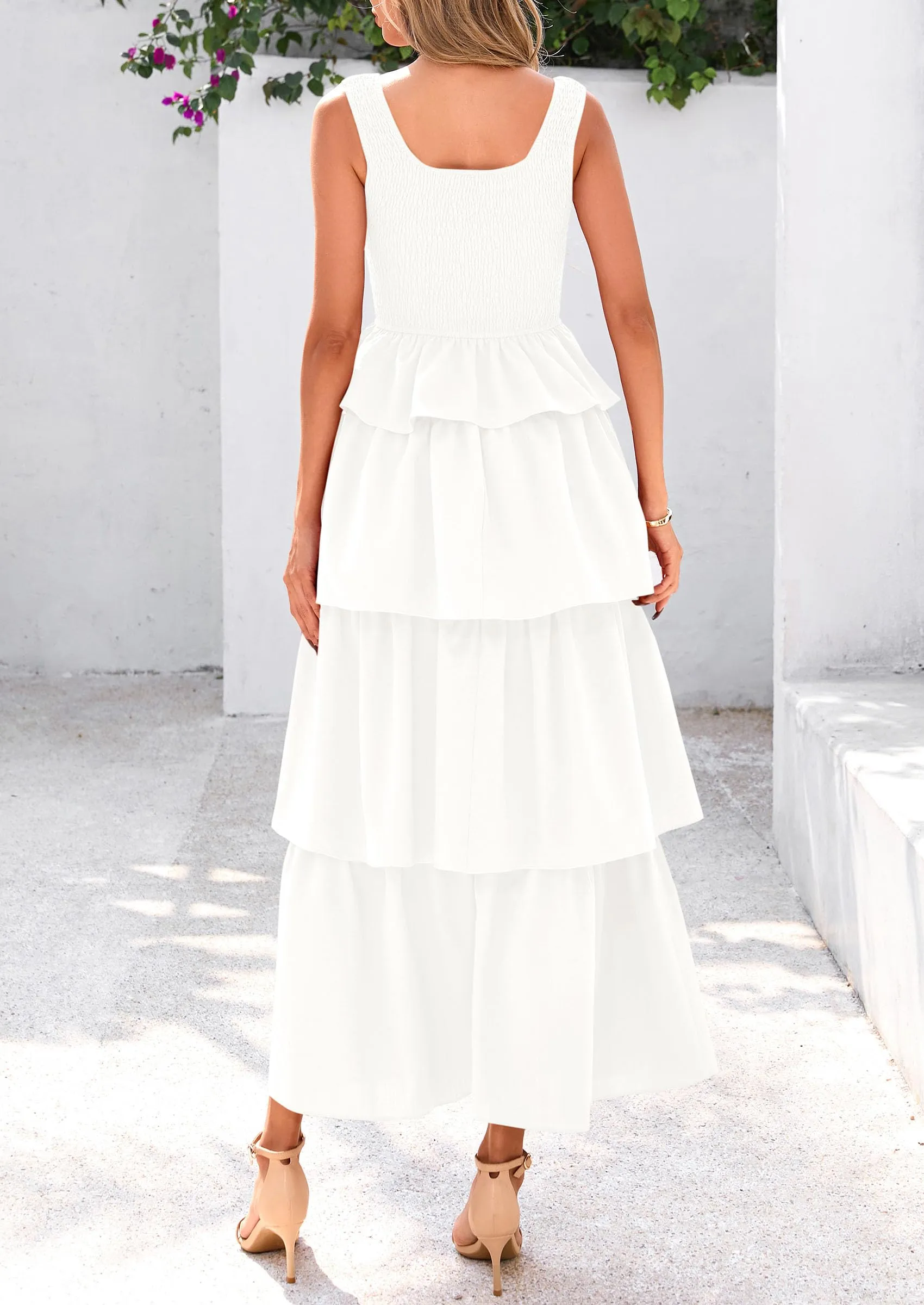 Sleeveless Scoop Neck Smocked A Line Tiered Beach Midi Dress