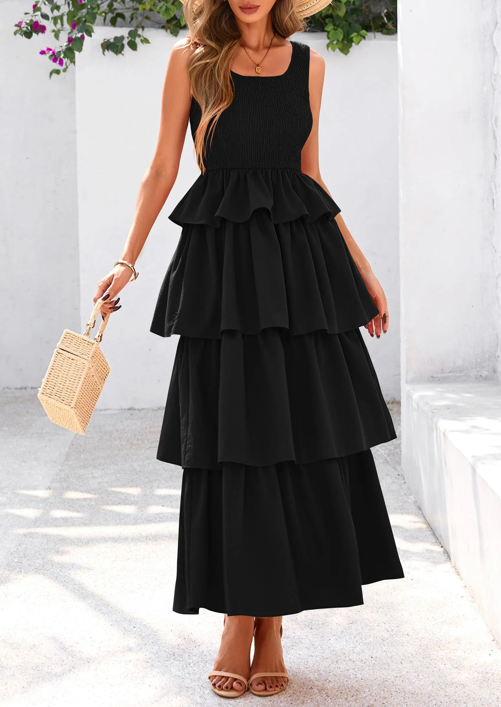 Sleeveless Scoop Neck Smocked A Line Tiered Beach Midi Dress