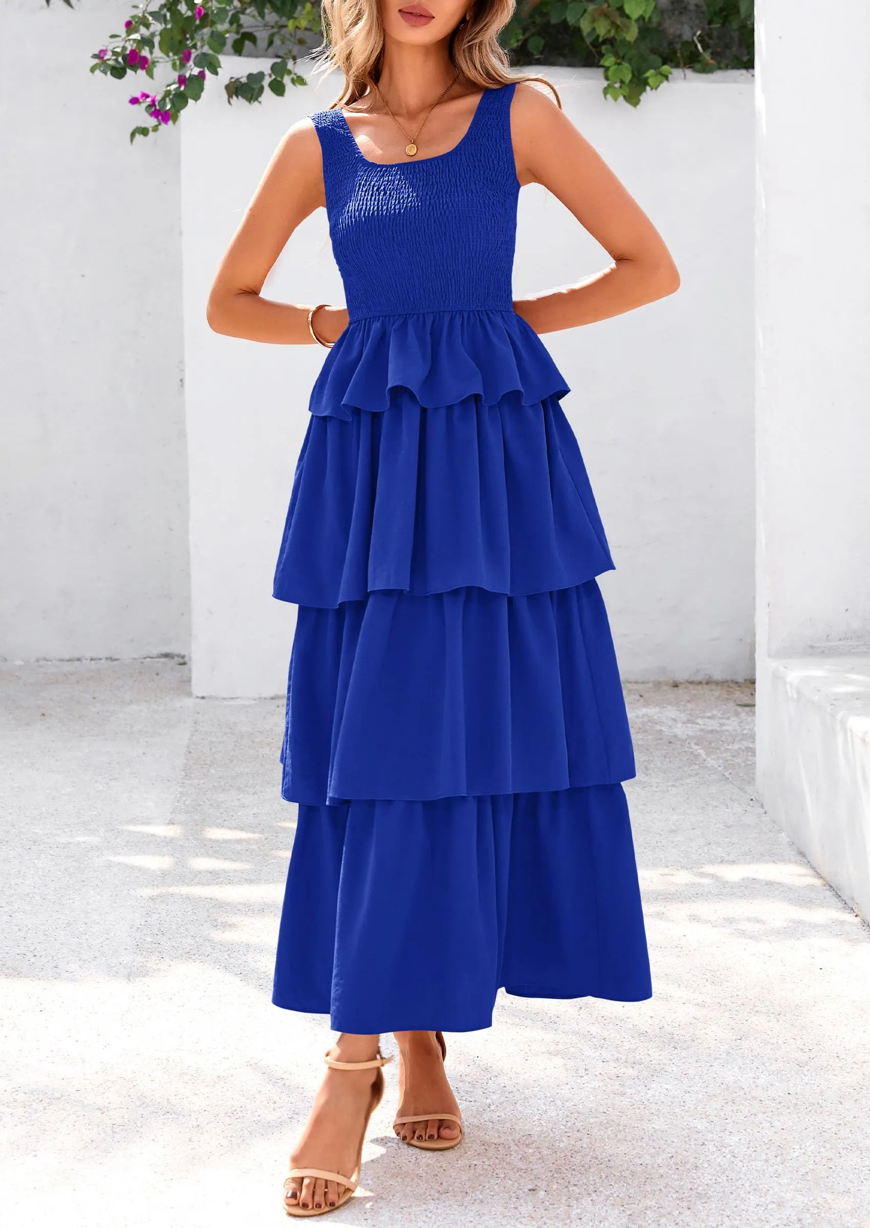 Sleeveless Scoop Neck Smocked A Line Tiered Beach Midi Dress