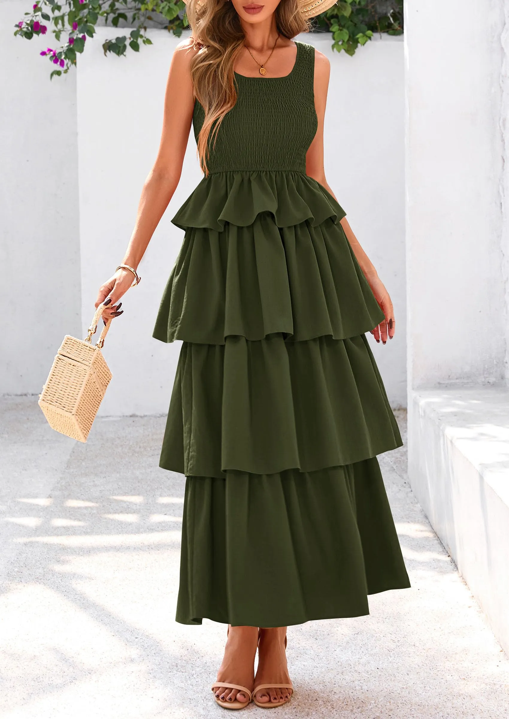 Sleeveless Scoop Neck Smocked A Line Tiered Beach Midi Dress