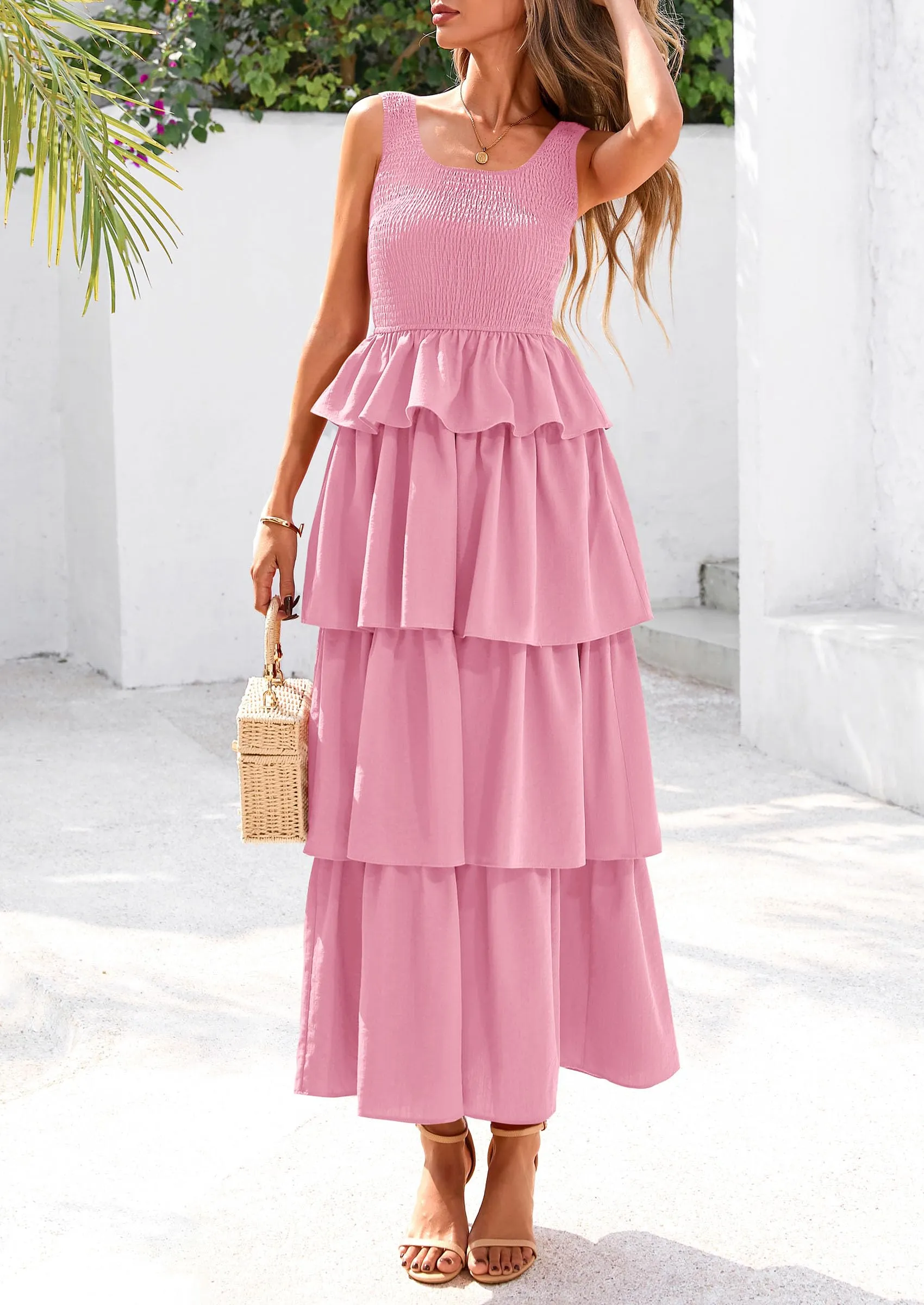 Sleeveless Scoop Neck Smocked A Line Tiered Beach Midi Dress
