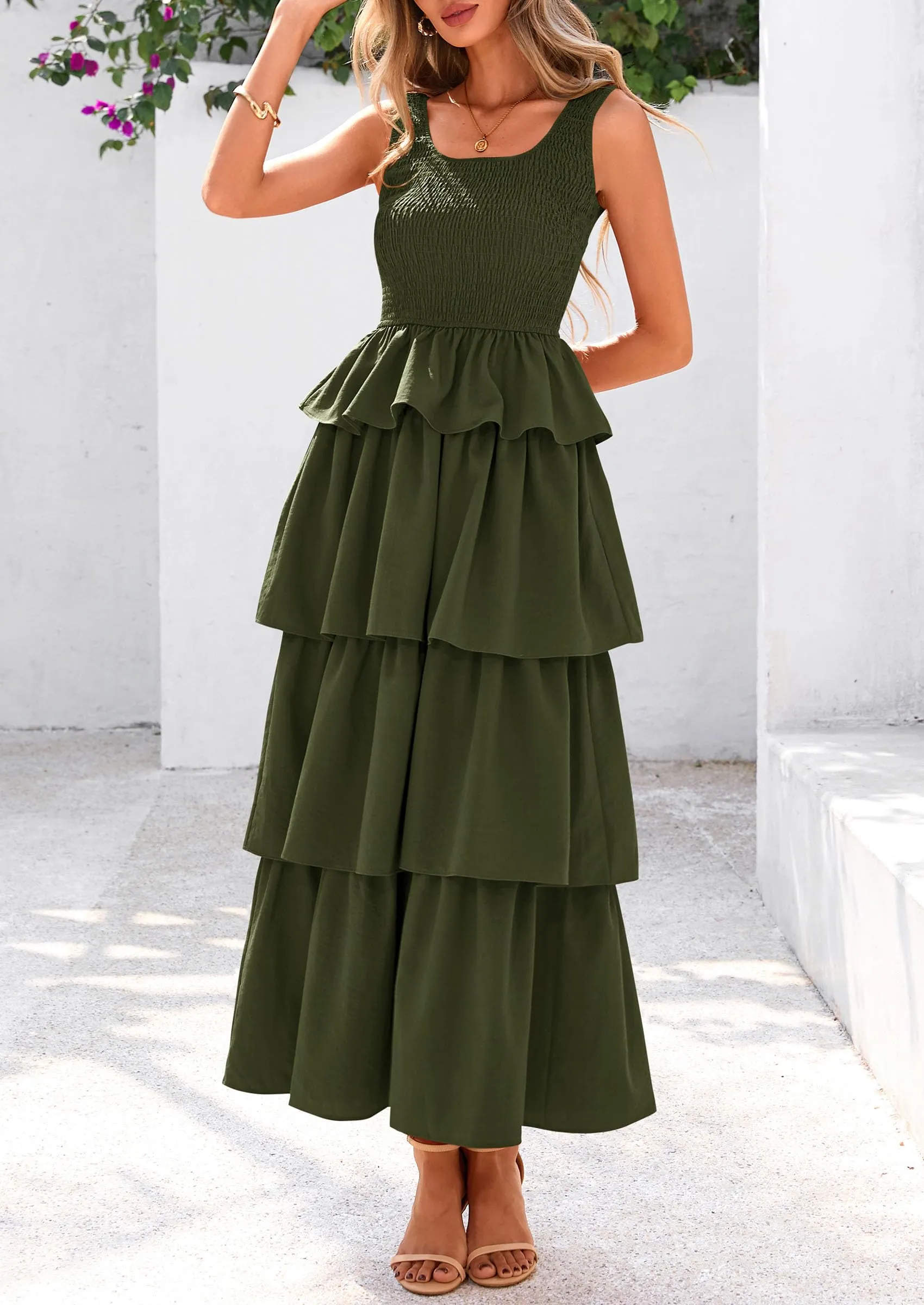 Sleeveless Scoop Neck Smocked A Line Tiered Beach Midi Dress