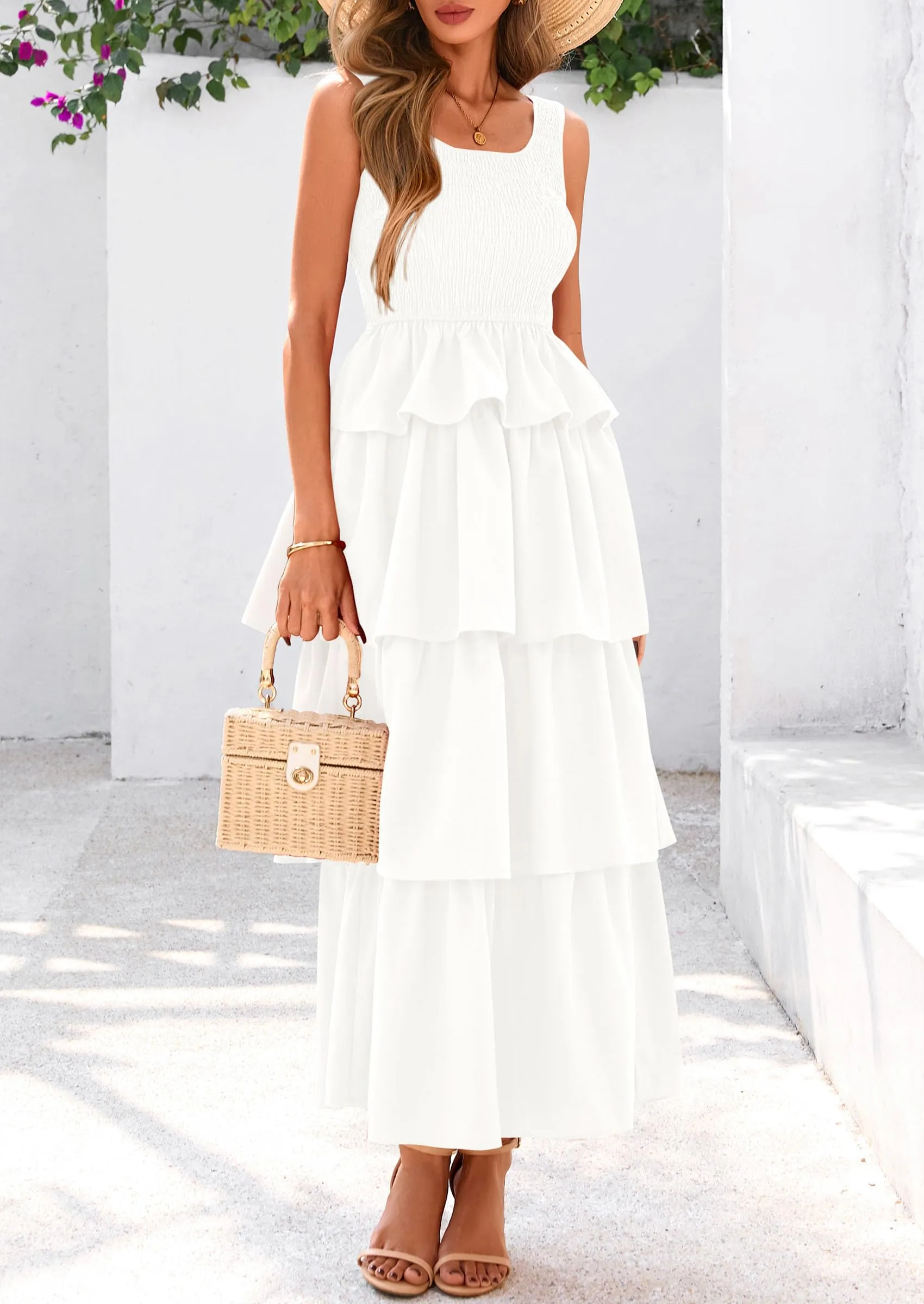 Sleeveless Scoop Neck Smocked A Line Tiered Beach Midi Dress