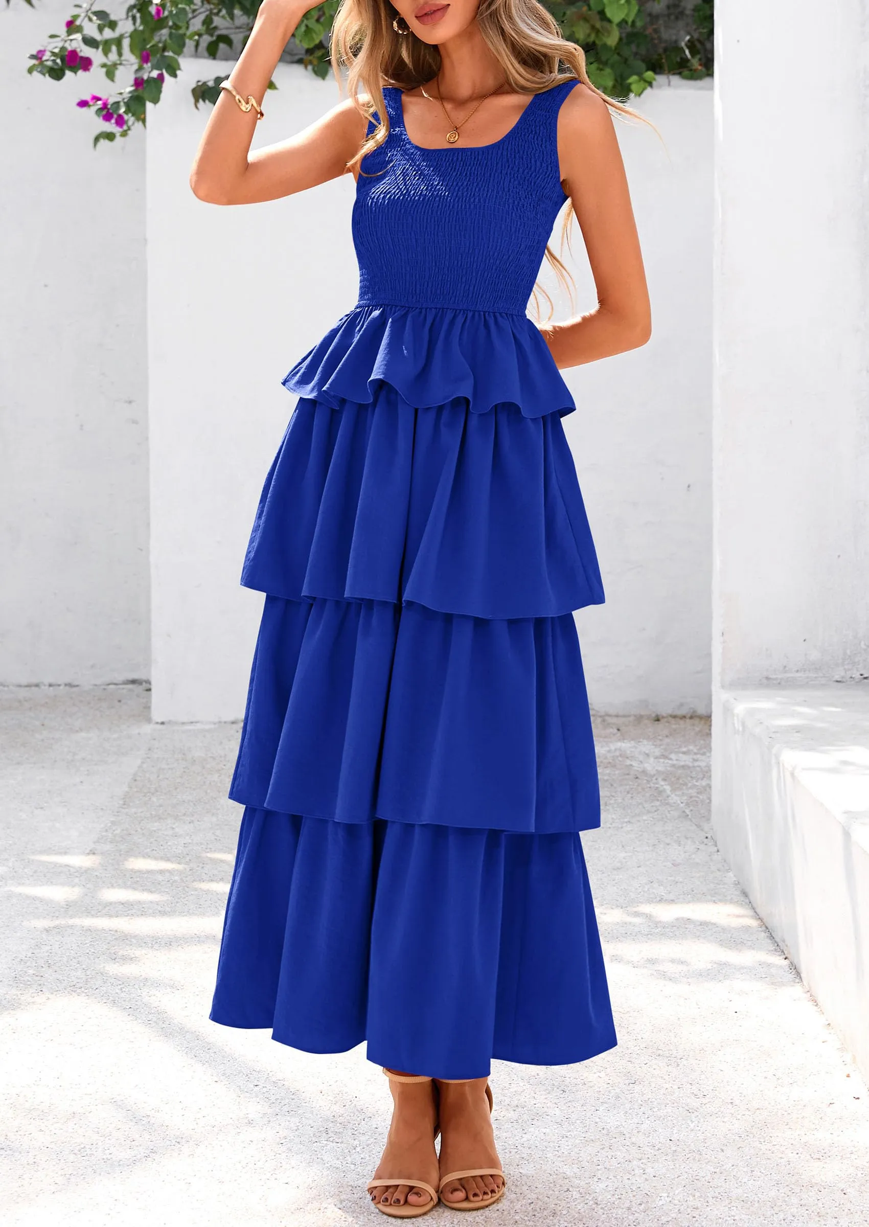 Sleeveless Scoop Neck Smocked A Line Tiered Beach Midi Dress
