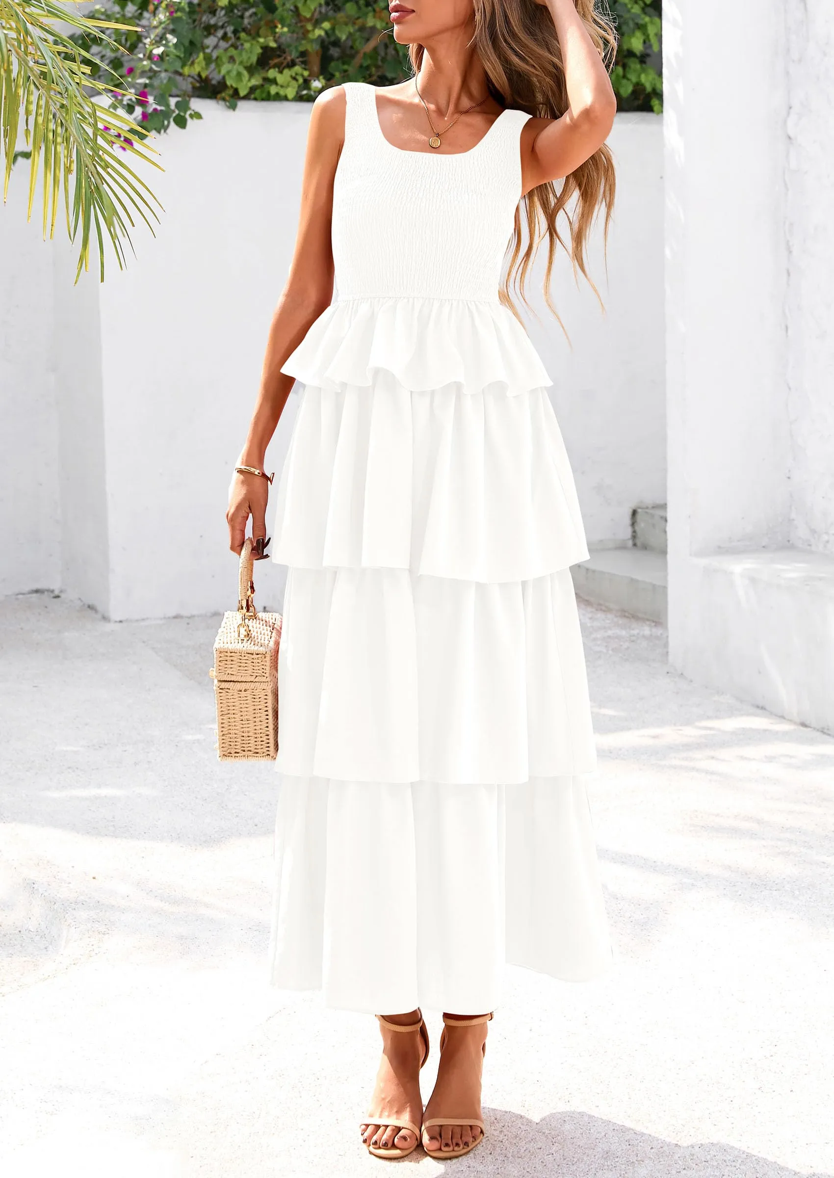Sleeveless Scoop Neck Smocked A Line Tiered Beach Midi Dress