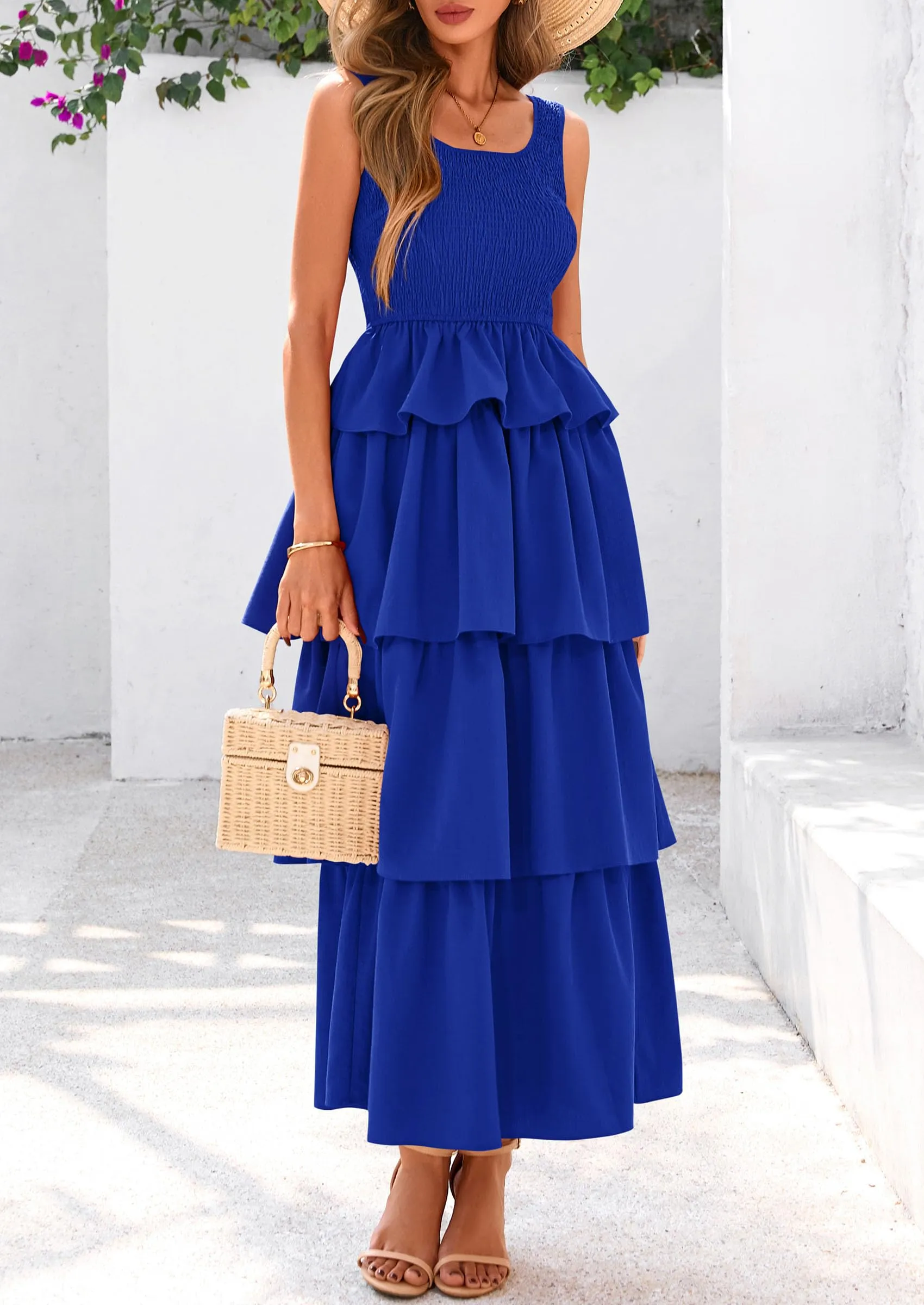 Sleeveless Scoop Neck Smocked A Line Tiered Beach Midi Dress