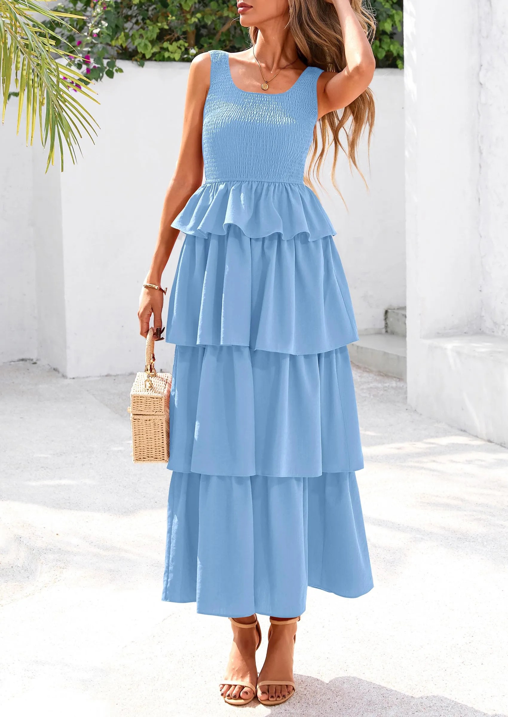 Sleeveless Scoop Neck Smocked A Line Tiered Beach Midi Dress
