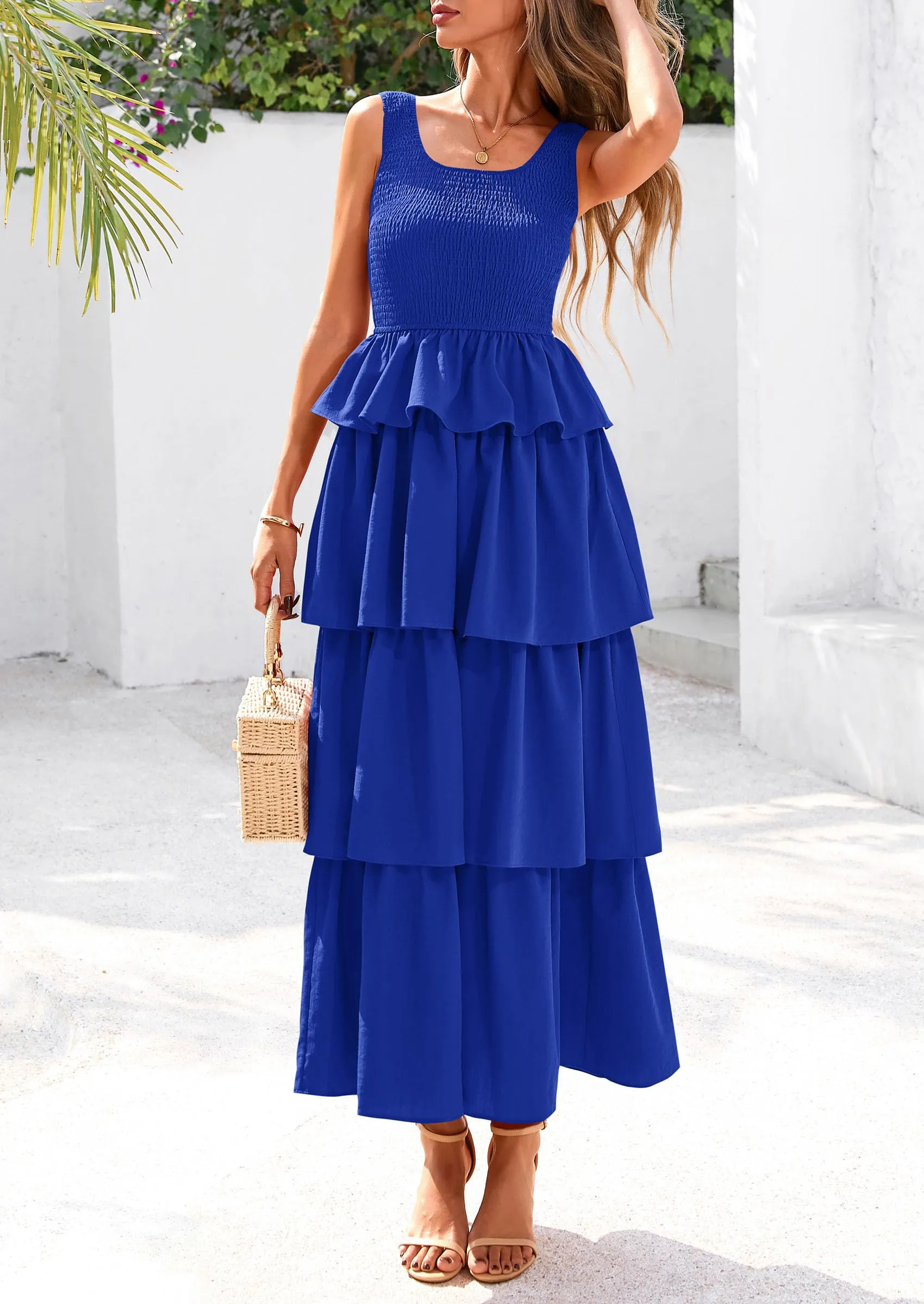 Sleeveless Scoop Neck Smocked A Line Tiered Beach Midi Dress