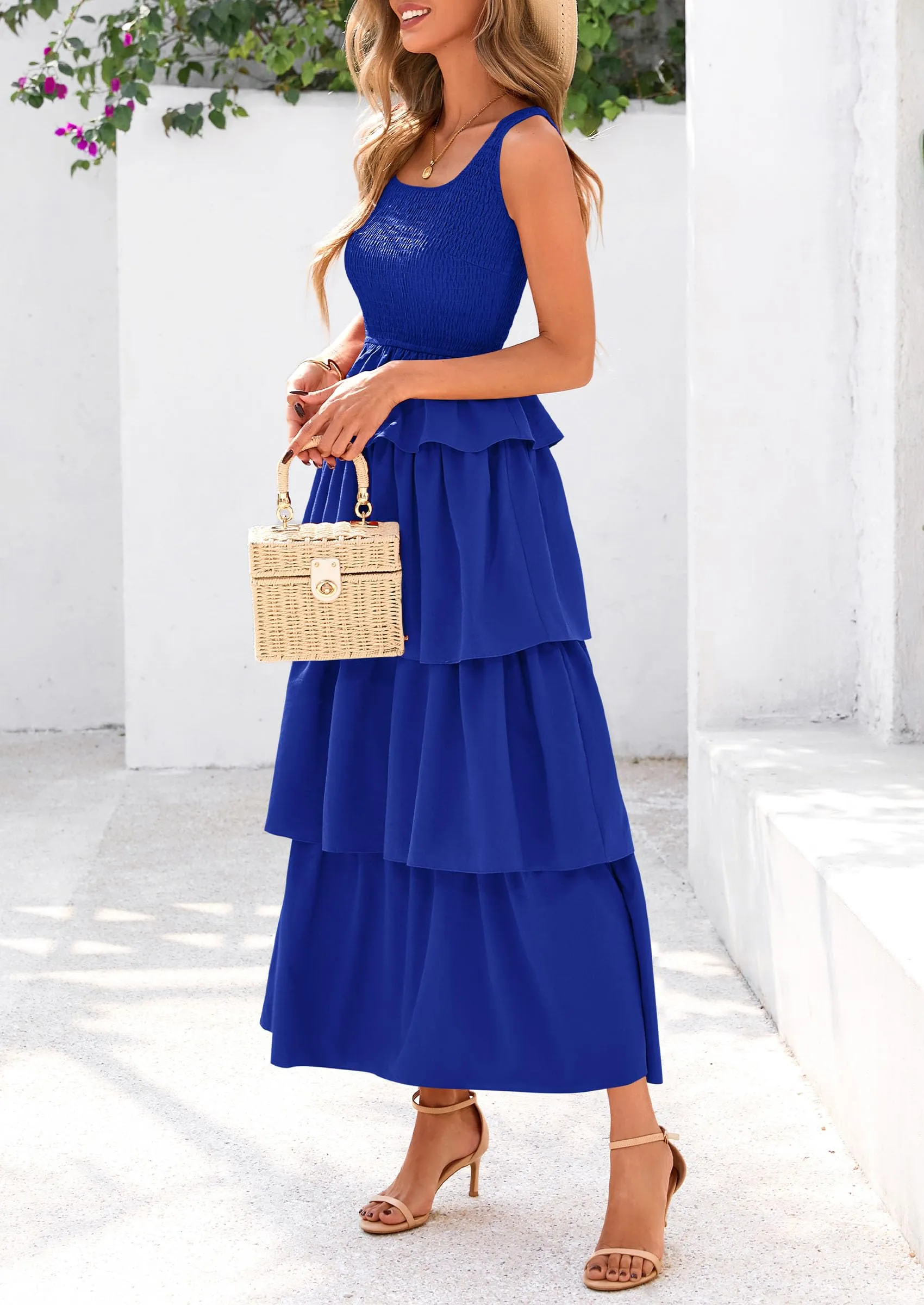 Sleeveless Scoop Neck Smocked A Line Tiered Beach Midi Dress