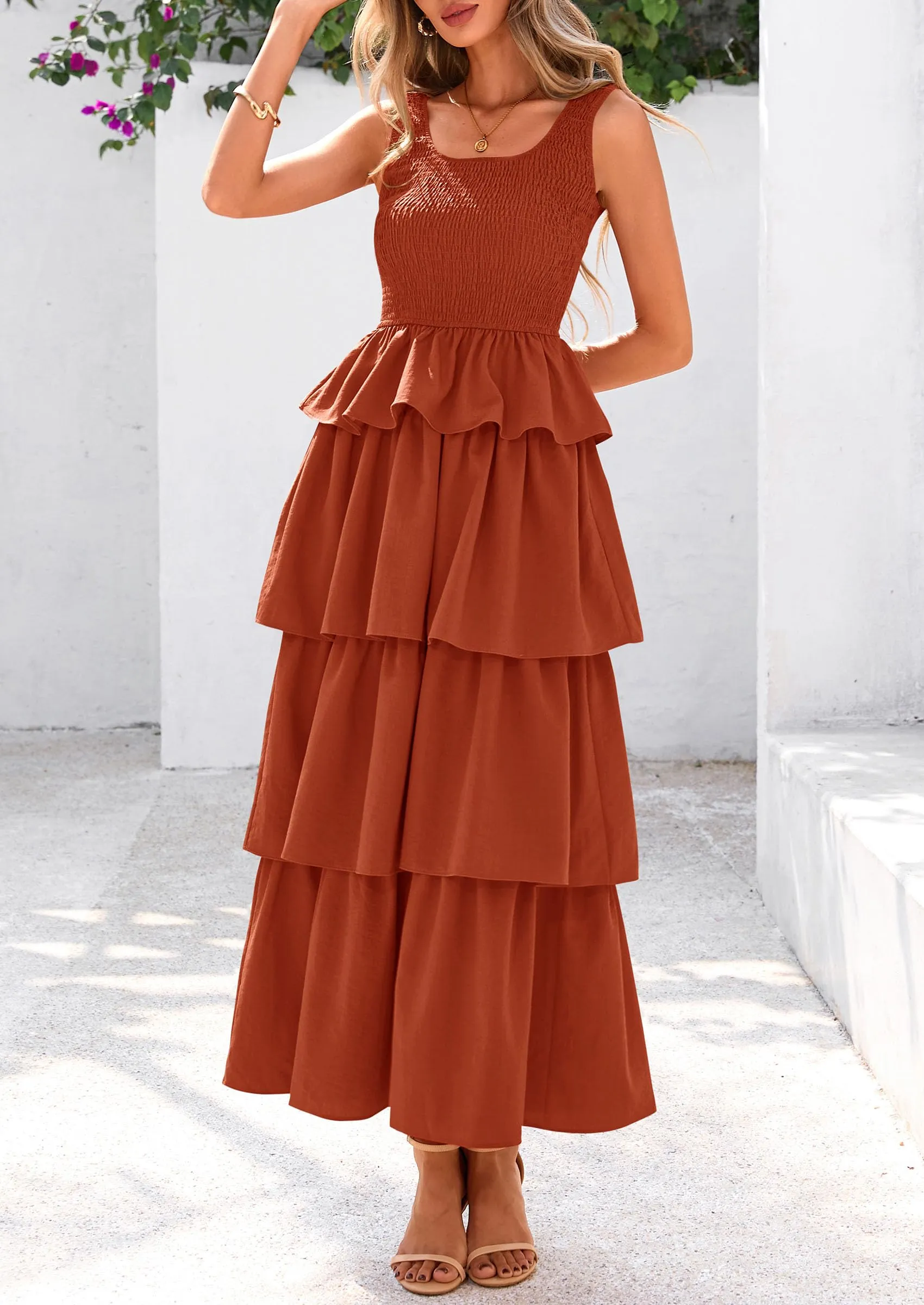 Sleeveless Scoop Neck Smocked A Line Tiered Beach Midi Dress