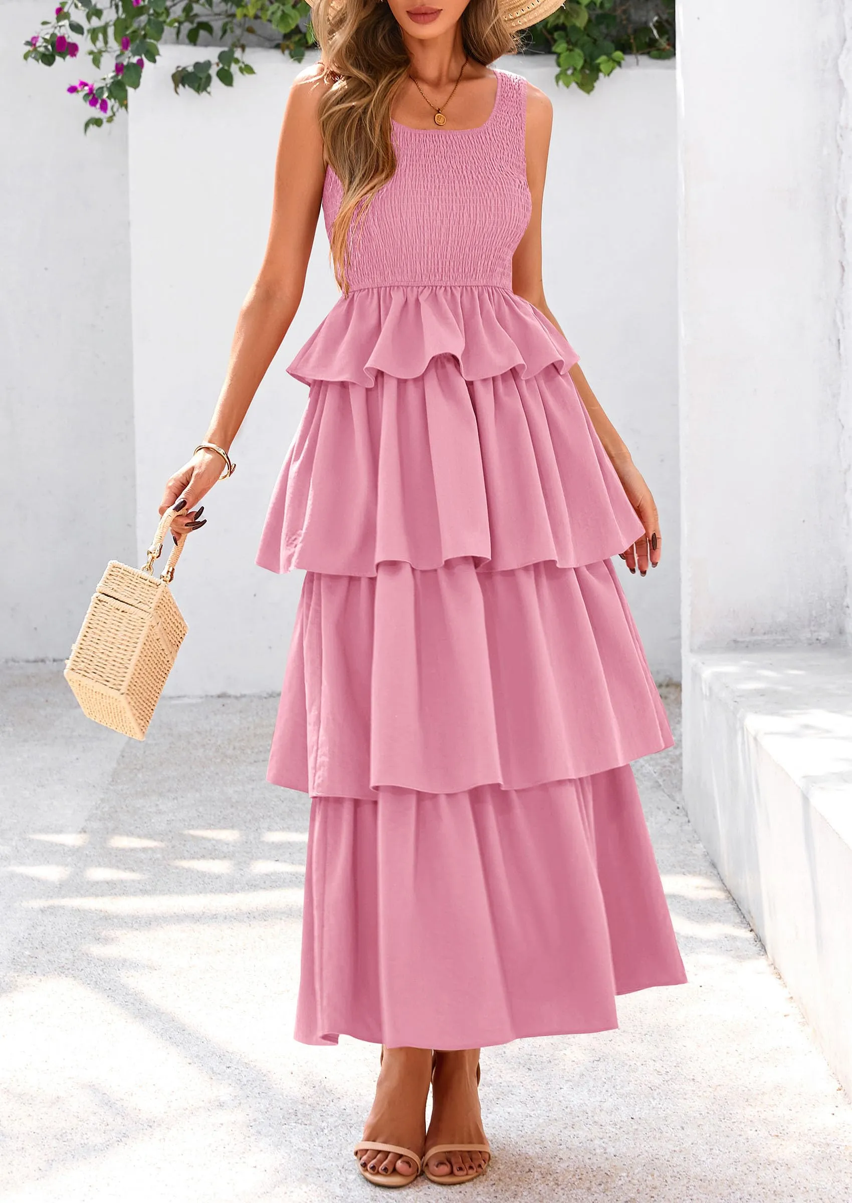 Sleeveless Scoop Neck Smocked A Line Tiered Beach Midi Dress