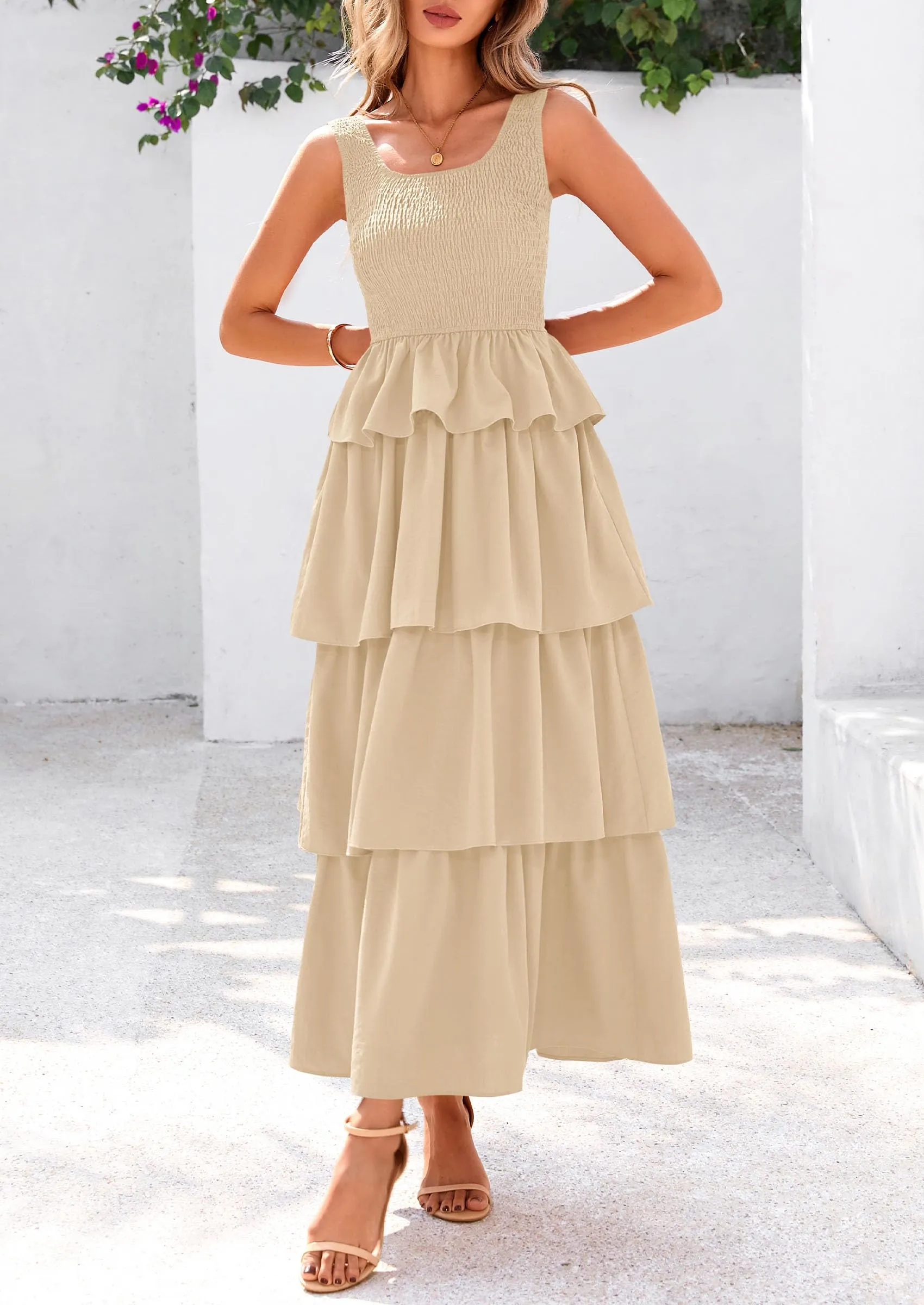Sleeveless Scoop Neck Smocked A Line Tiered Beach Midi Dress