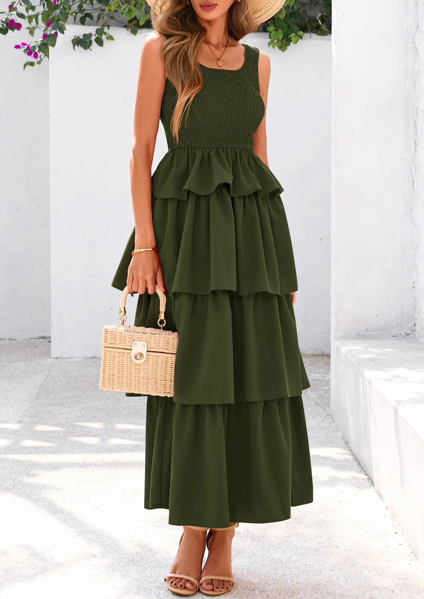 Sleeveless Scoop Neck Smocked A Line Tiered Beach Midi Dress