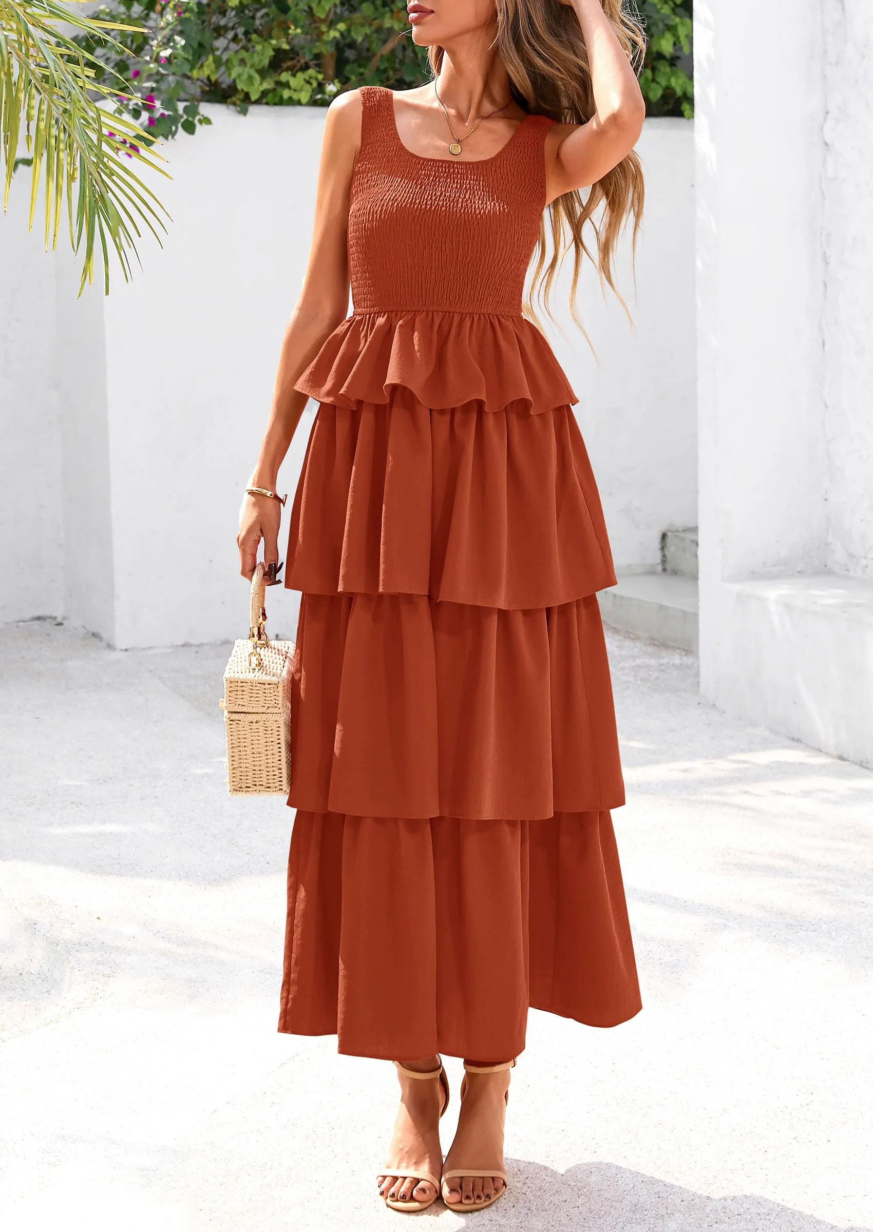 Sleeveless Scoop Neck Smocked A Line Tiered Beach Midi Dress