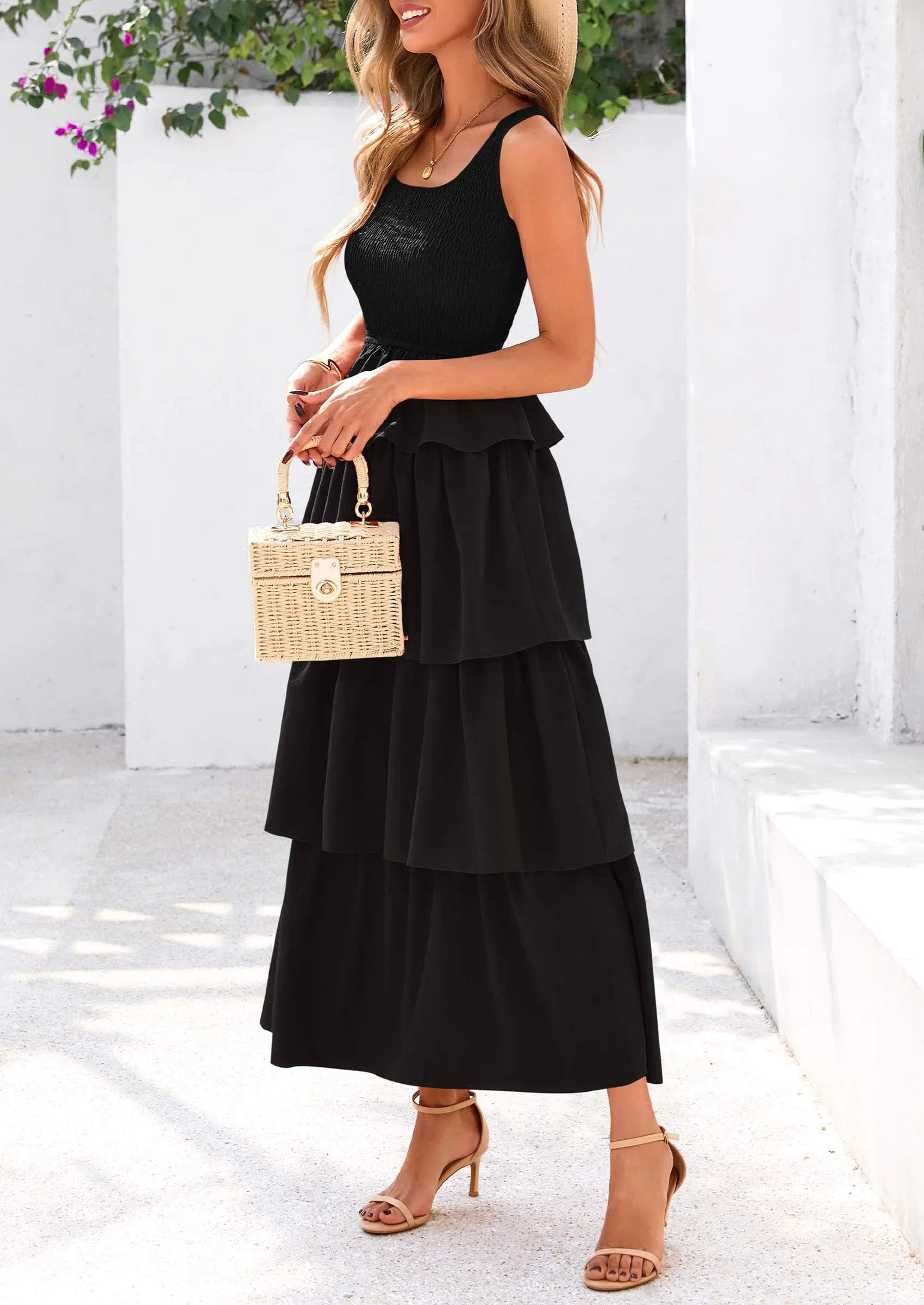 Sleeveless Scoop Neck Smocked A Line Tiered Beach Midi Dress
