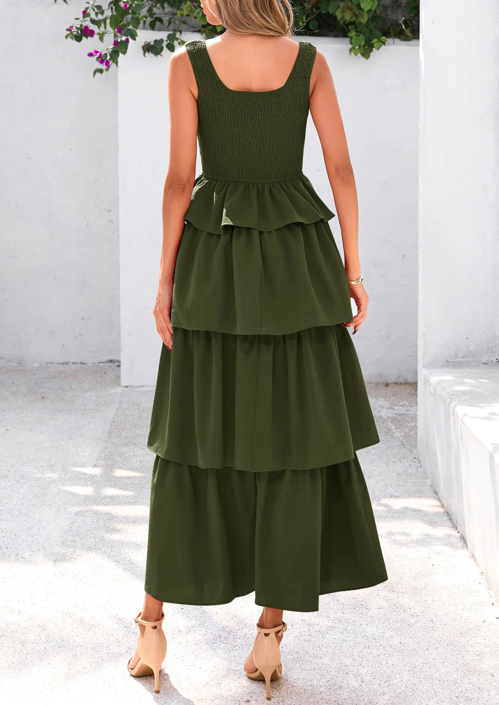 Sleeveless Scoop Neck Smocked A Line Tiered Beach Midi Dress