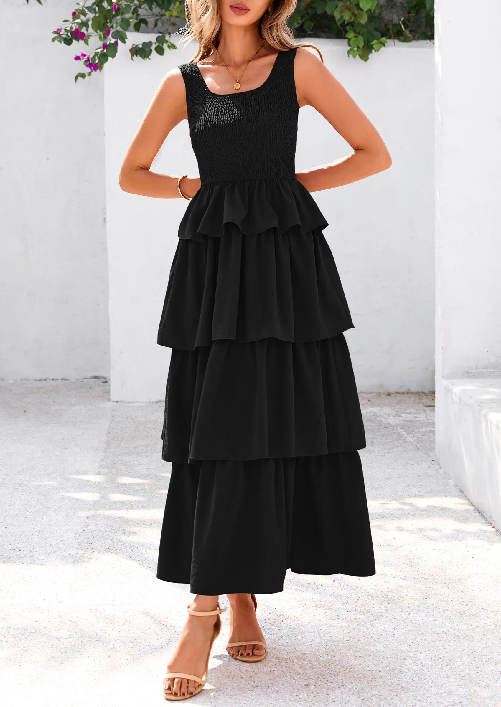 Sleeveless Scoop Neck Smocked A Line Tiered Beach Midi Dress