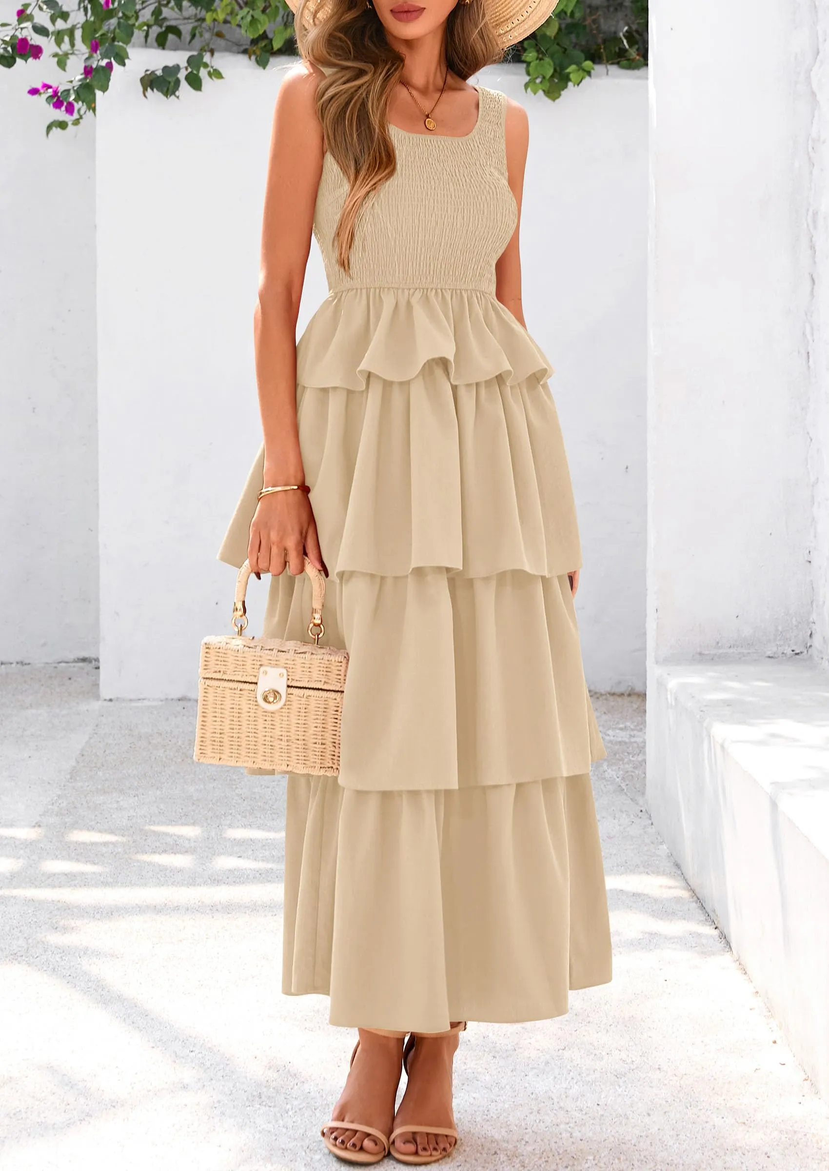 Sleeveless Scoop Neck Smocked A Line Tiered Beach Midi Dress
