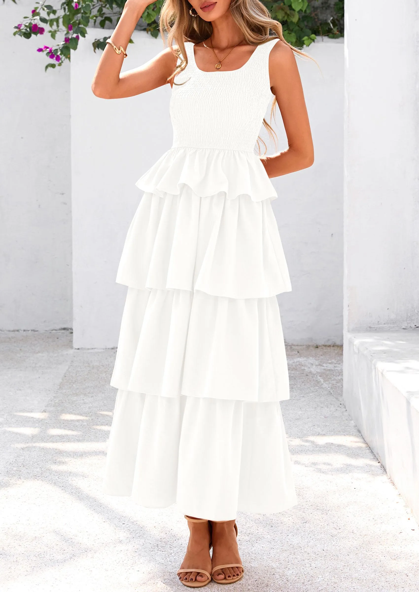 Sleeveless Scoop Neck Smocked A Line Tiered Beach Midi Dress