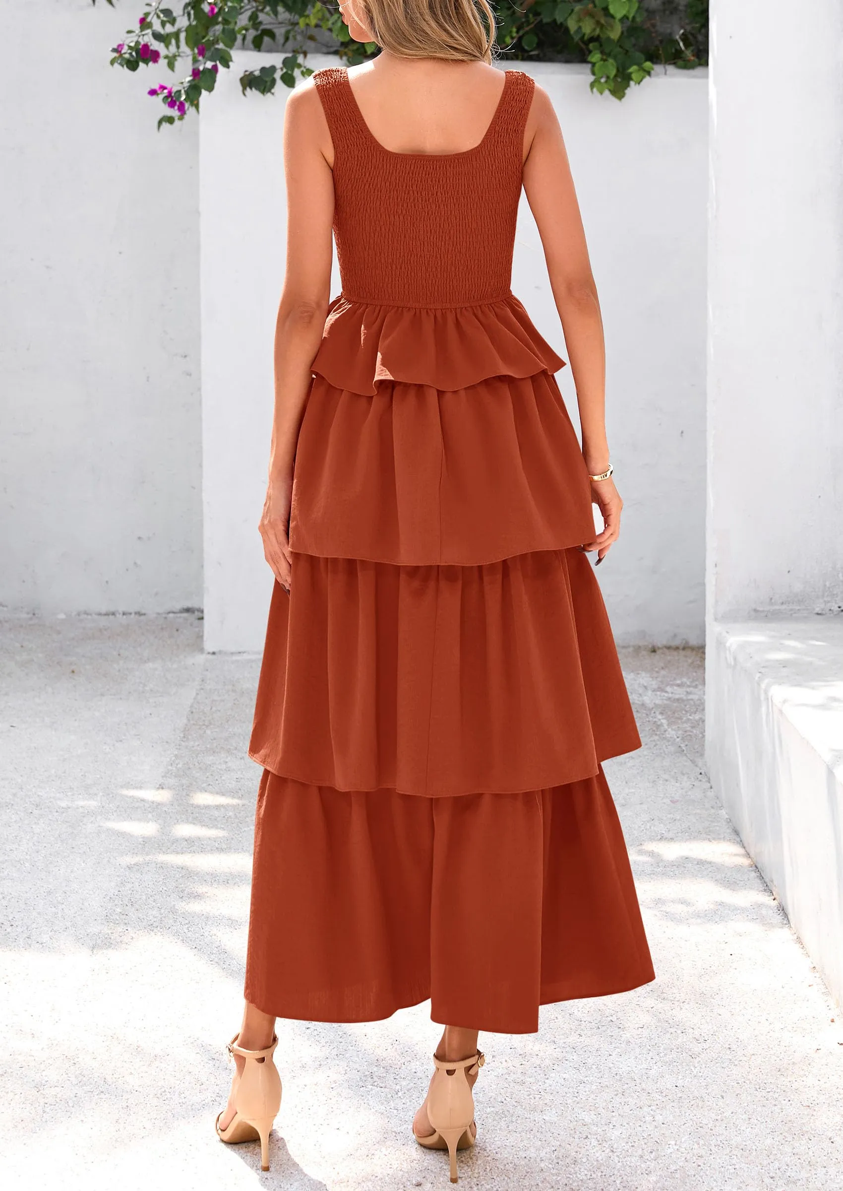 Sleeveless Scoop Neck Smocked A Line Tiered Beach Midi Dress