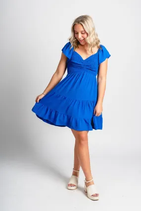 Smocked flutter sleeve dress cobalt blue