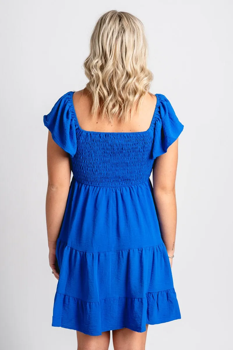Smocked flutter sleeve dress cobalt blue