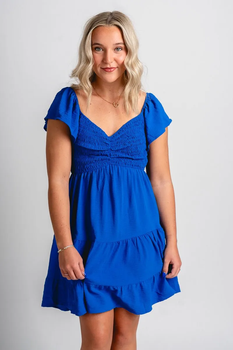 Smocked flutter sleeve dress cobalt blue